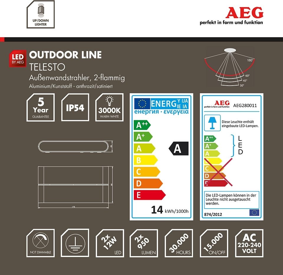 AEG LED Außen-Wandleuchte »TELESTO«, 2 flammig, Leuchtmittel LED-Modul | LED fest integriert, 9 x 18 cm, Haustürbeleuchtung, Aluminium/Kunststoff, anthrazit
