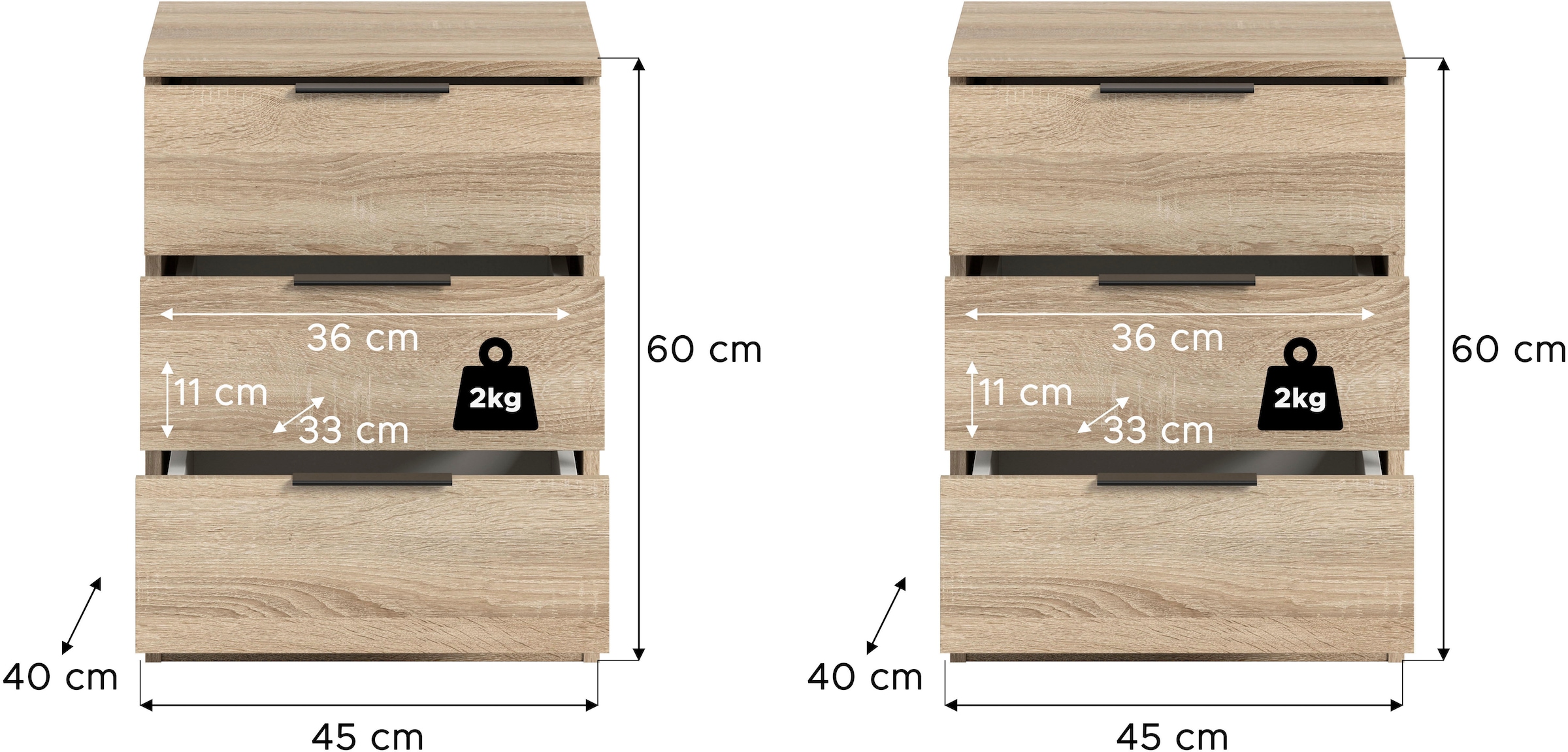 Home affaire Nachtkommode »Skarde 2 Nachttische, jeweils Breite: 45 cm« Set, Sie bekommen 2  Nachttische im Set, 2 Stk. tlg. Skarde, 2er Set Nachtkommode, 3 Schubkästen, Sonoma Eiche NB