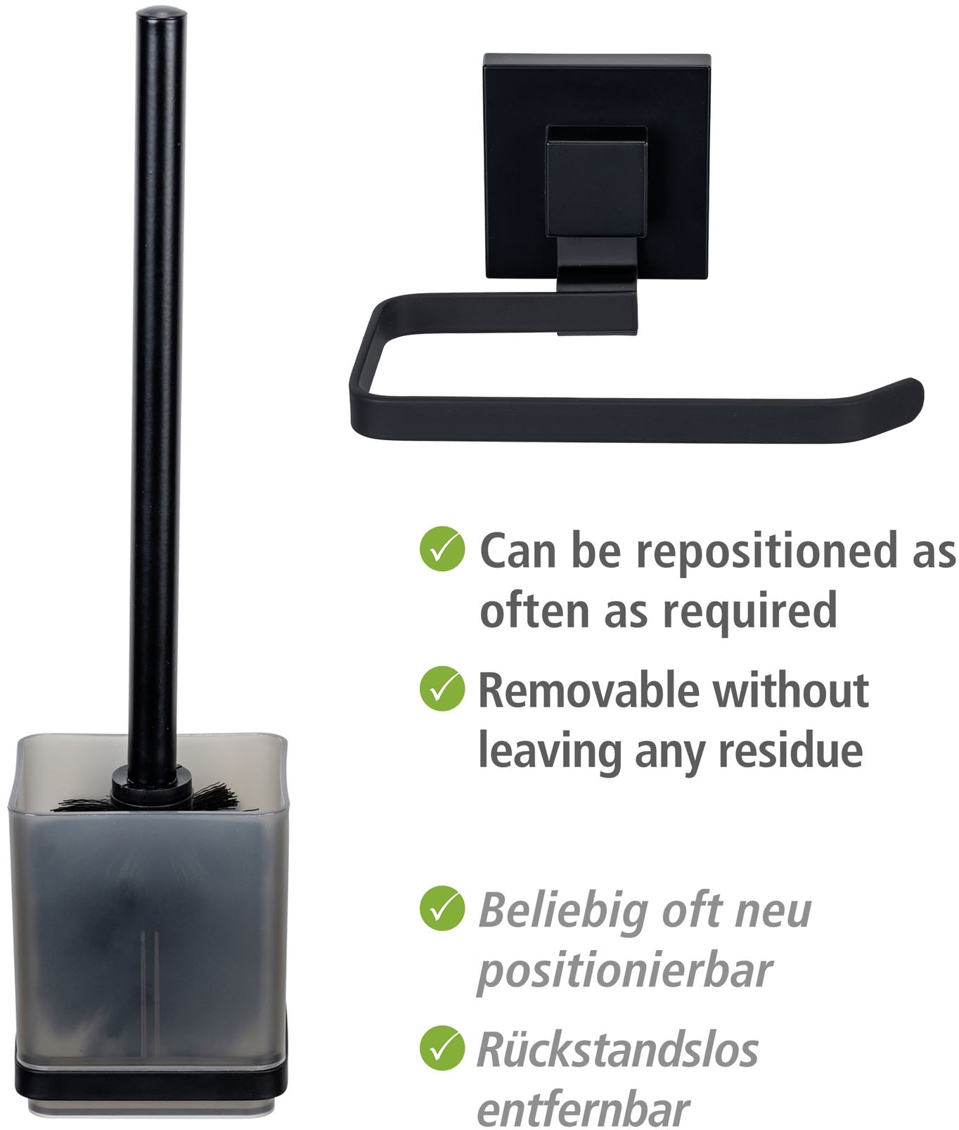 WENKO WC-Garnitur »Vacuum-Loc® Quadro« aus Edelstahl | Kunststoff WC-Bürstenhalter & Toilettenpapierhalter, Wandmontage ohne Bohren