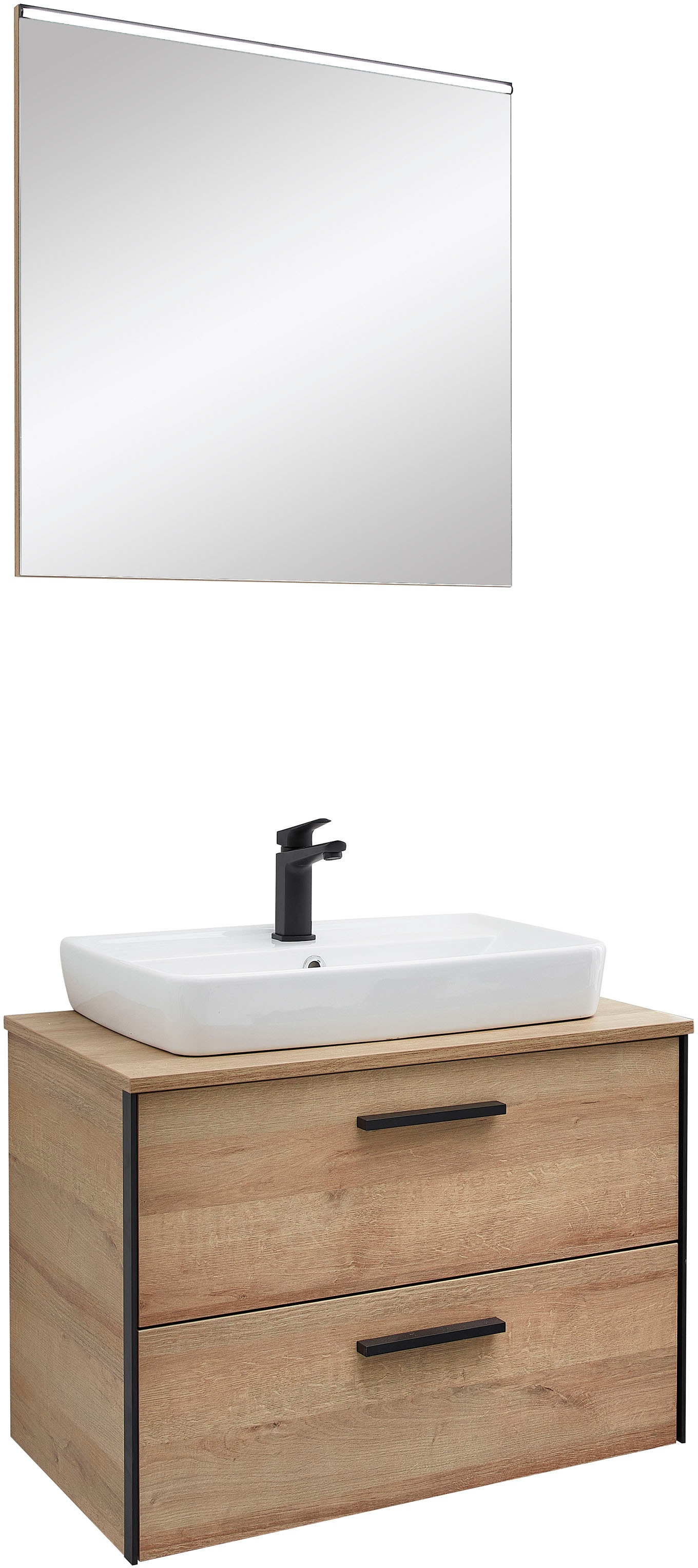 Saphir Badmöbel-Set »Quickset 395 2-teilig, Keramik-Aufsatzbecken mit LED-Spiegel«, (4 St.), Waschplatz 73 cm breit, 2 Schubladen, Waschtischplatte, Bad-Set