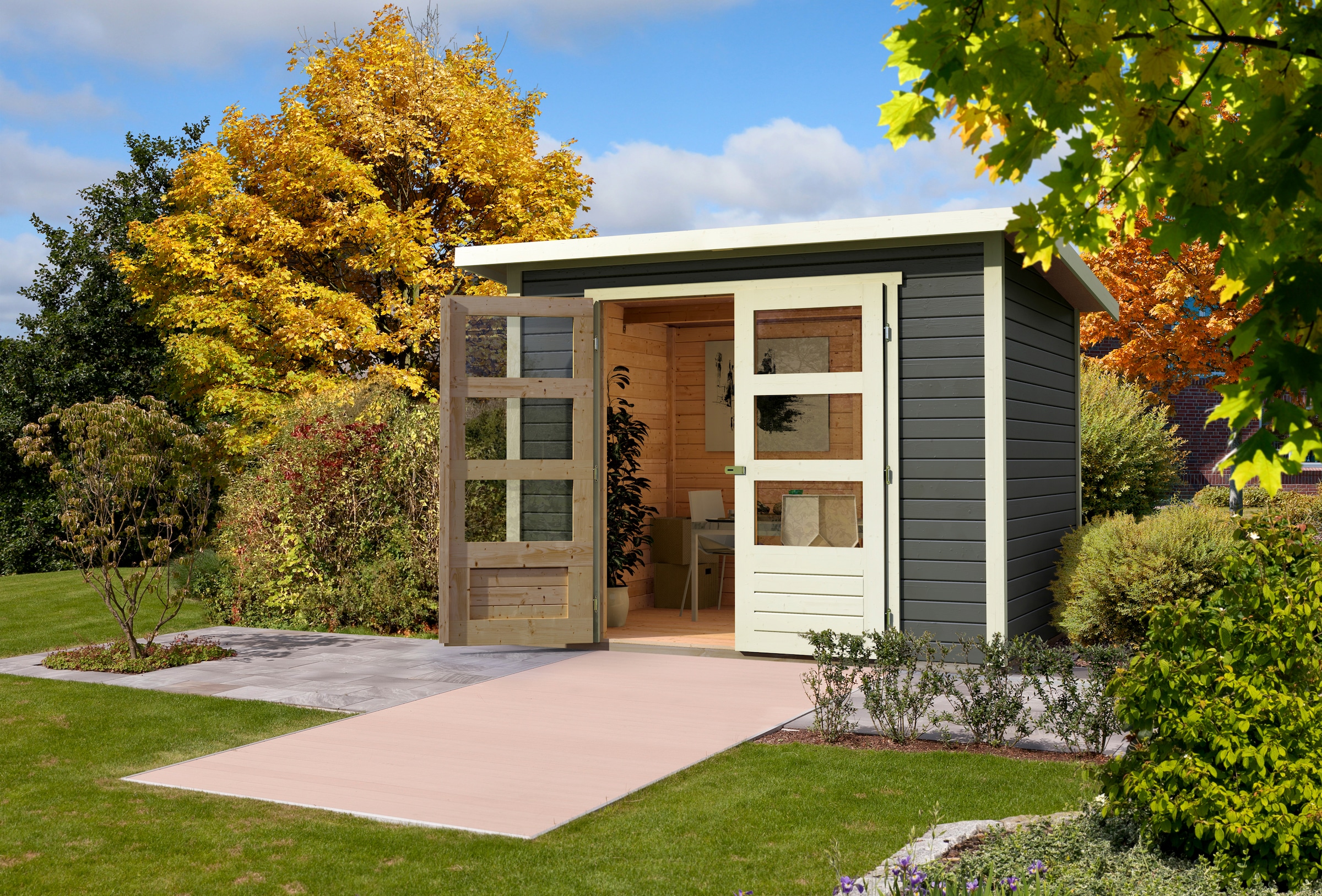 Karibu Gartenhaus »Stockach 4«, (Set), anthrazit, naturbelassen oder terragrau