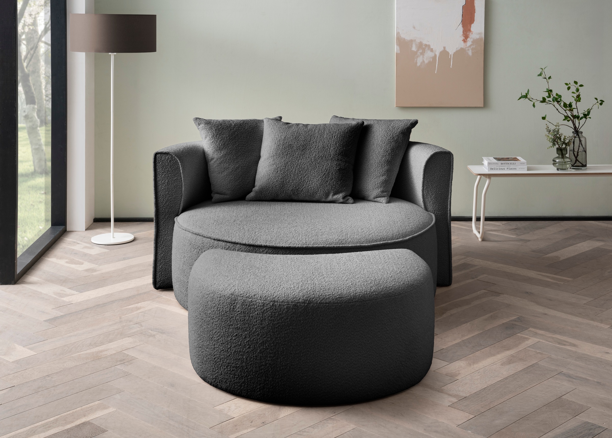 LeGer Home by Lena Gercke XXL-Sessel »ISALIE, Rundsessel mit Hocker, Lesesessel, Loveseat, Big-Sessel«, (Set), trendige Stoffe, mit 3 Zierkissen, große Sitzfläche