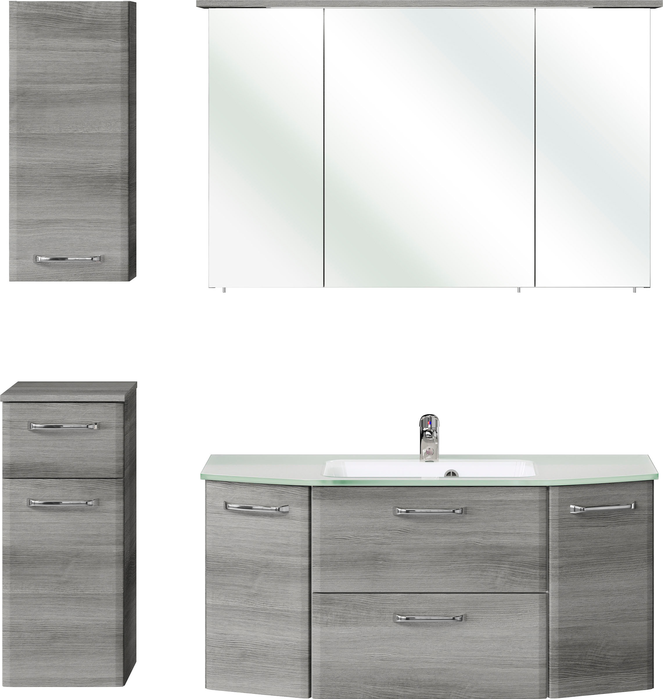 Saphir Badmöbel-Set »Quickset 4-teilig, Glaswaschtisch und LED-Spiegelschrank«, (5 St.), Unterschrank, Hängeschrank, inkl. Türdämpfer, 7 Türen, 1 Klappe