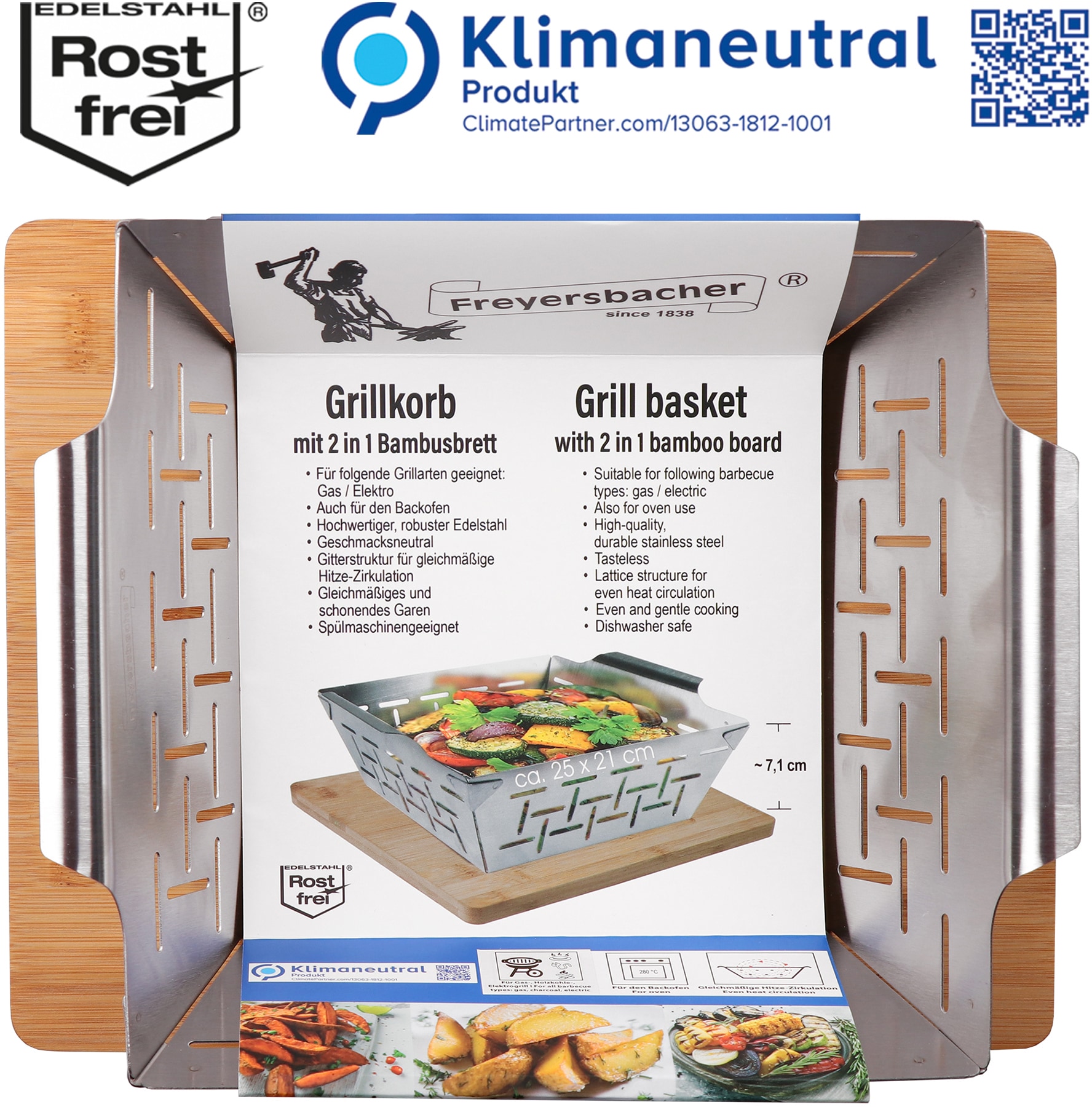 FREYERSBACHER Grillschale Edelstahl Set, mit Holzuntersetzer, 2 Stk. tlg. für alle Grillarten, sowie für den Backofen geeignet