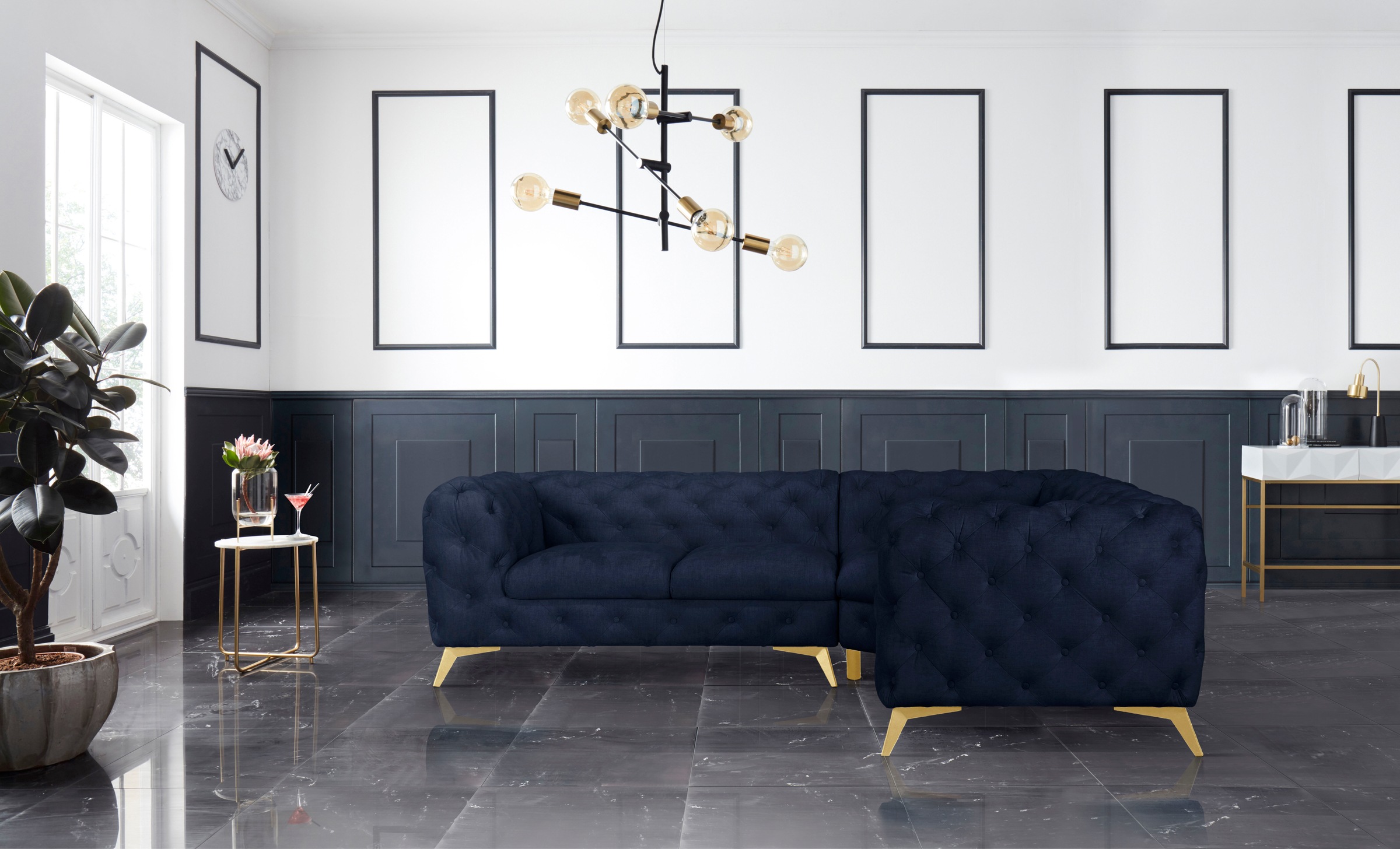 Leonique Chesterfield-Sofa »Ecksofa GLYNIS L-Form mit Wellenunterfederung, Maße B/T/H 264/204/75cm«, aufwändige Knopfheftung, moderne Chesterfield Optik, Fußfarbe wählbar