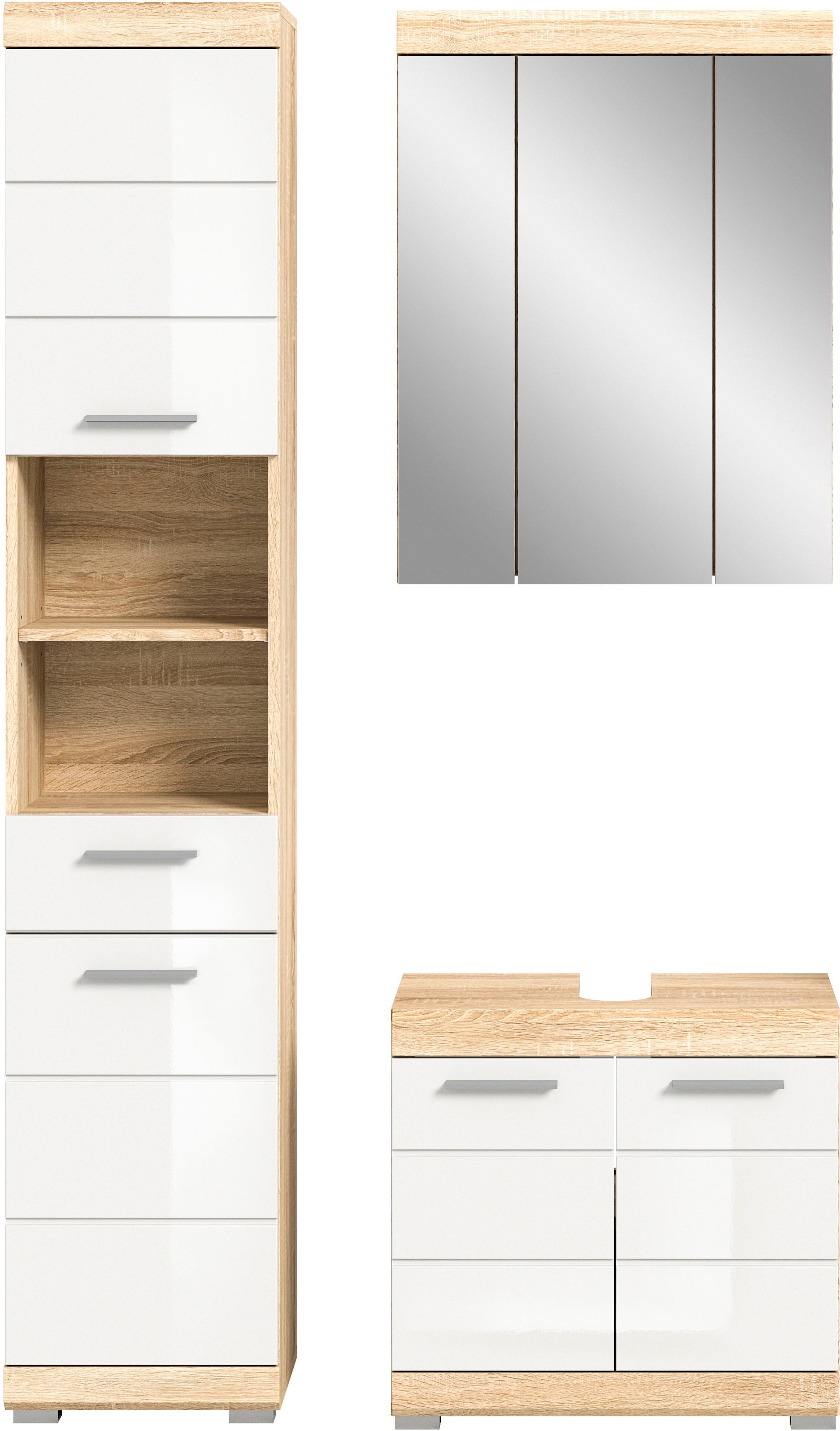 INOSIGN Badmöbel-Set »Siena, 3 teilig, bestehend aus:«, (Set, 3 St.), Badmöbel, Hochschrank, Spiegelschrank, Waschbeckenunterschrank