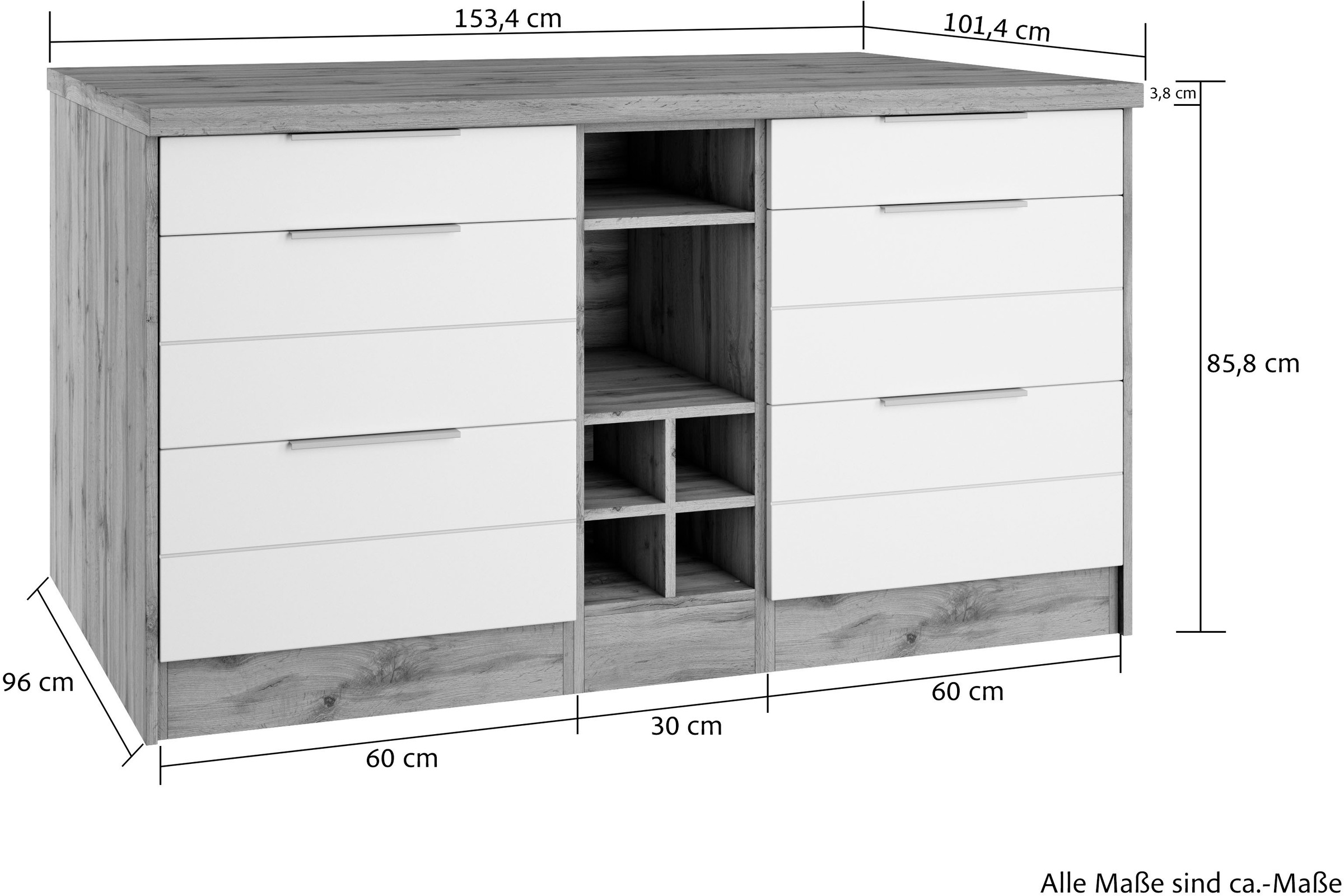 KOCHSTATION Kücheninsel »KS-Luhe, Breite 153 cm, mit Flaschenregal«, MDF-Fronten, Arbeitsplatte 38mm stark