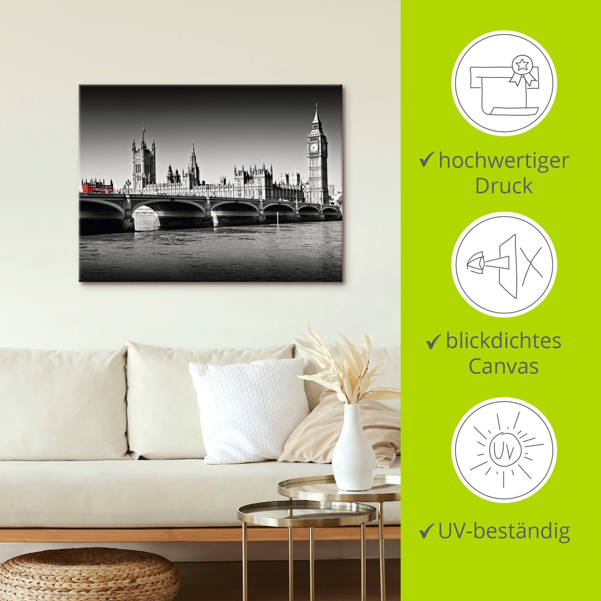 Artland Leinwandbild »Houses of Parliament & Themse«, Großbritannien, (1 St.), auf Keilrahmen gespannt