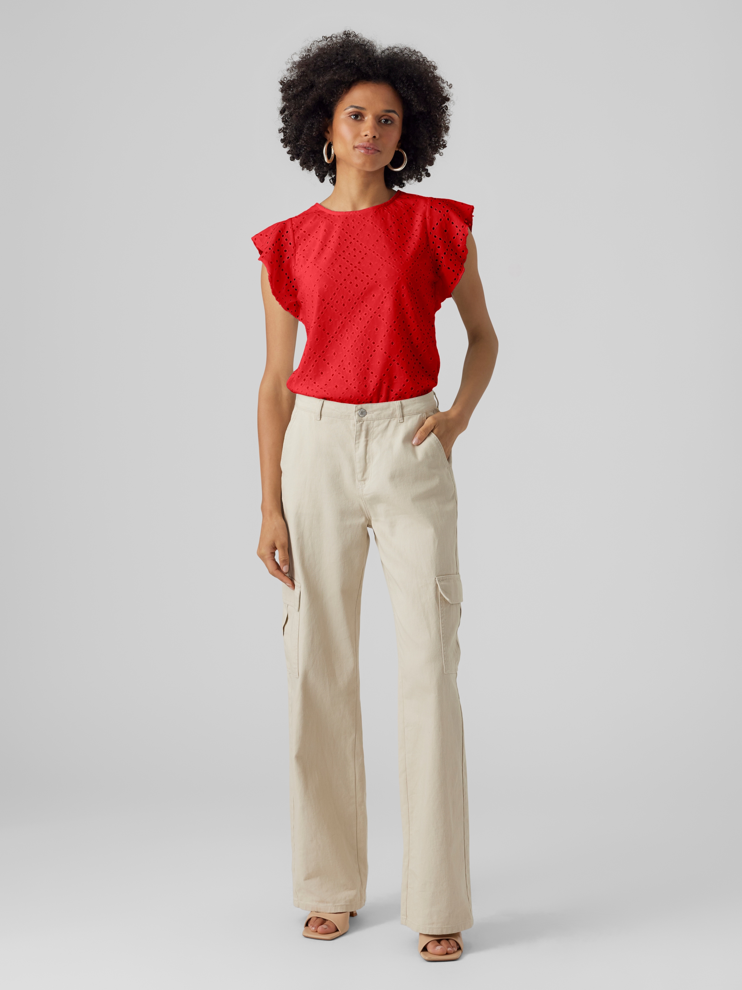 Vero Moda Rundhalsshirt »VMTASSA SL FRILL TOP NOOS« Materialmix, loose fit