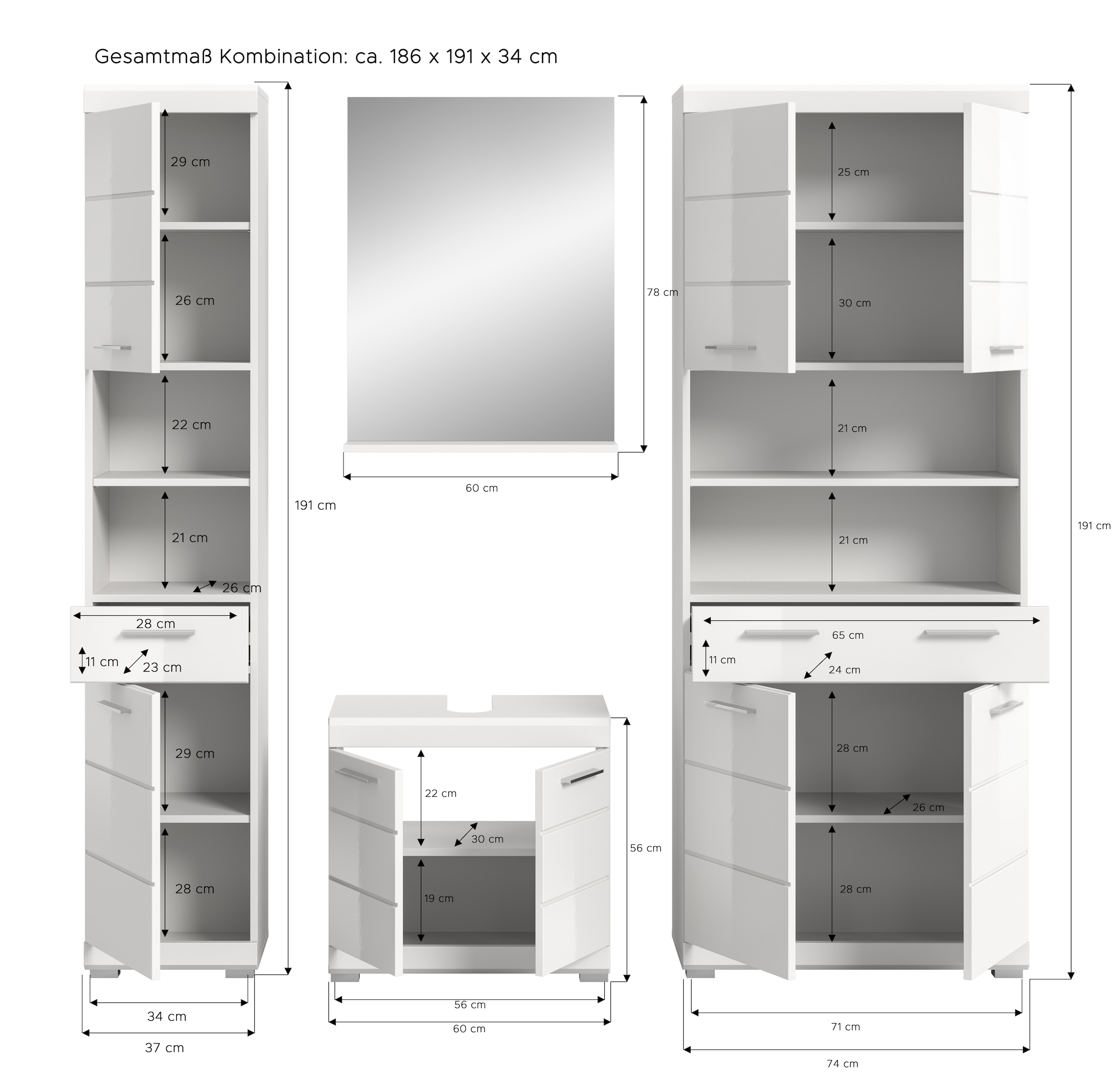 INOSIGN Badmöbel-Set »Siena, 4 teilig, bestehend aus:«, (Set), Hochschrank, Waschbeckenunterschrank, Badspiegel, Hochschrank breit