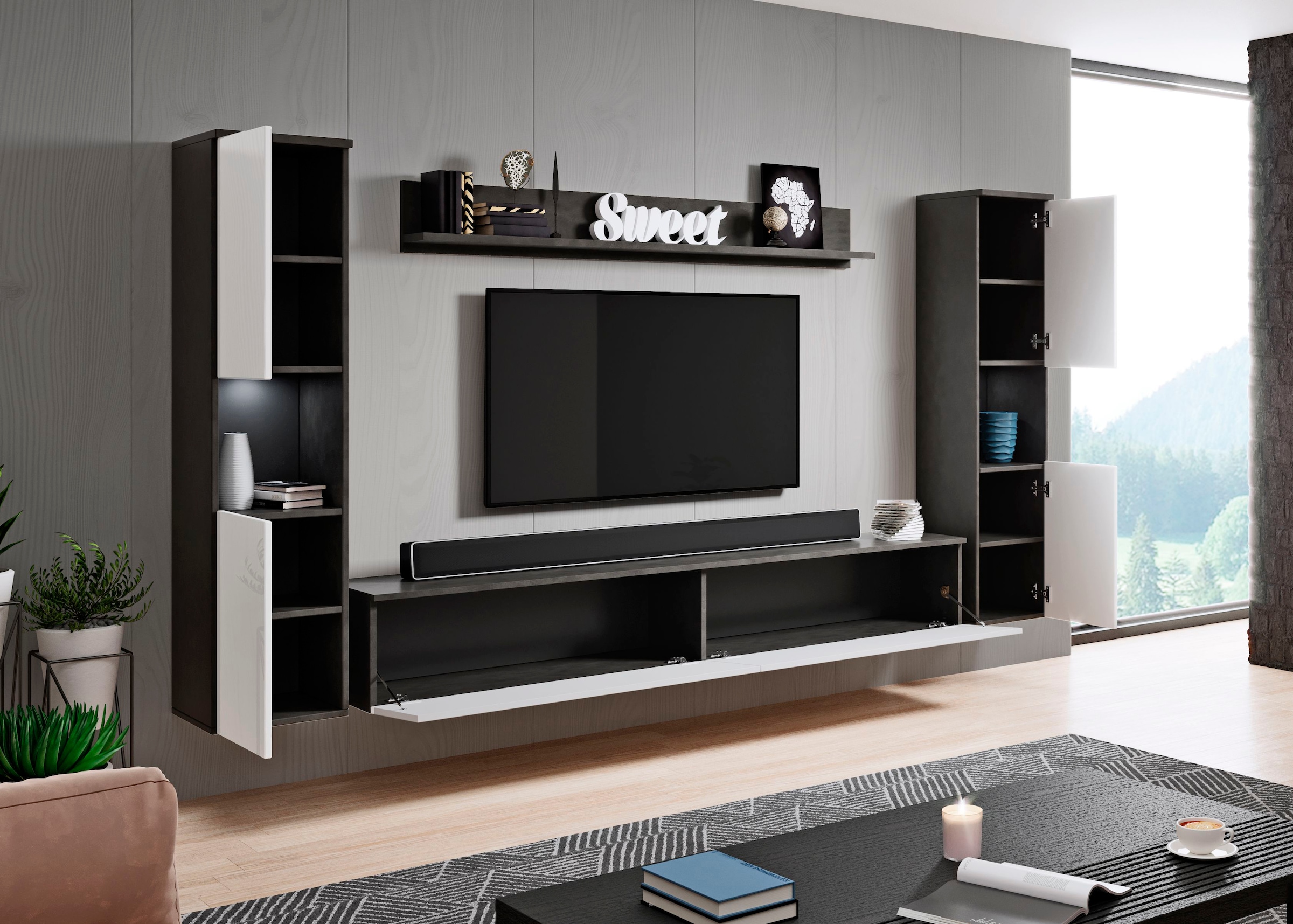 INOSIGN Wohnwand »PARIS, Vitrine Türanschlag links/rechts wechselbar«, (Komplett-Set, 4 St.), grifflose Design, stehend und hängend montierbar