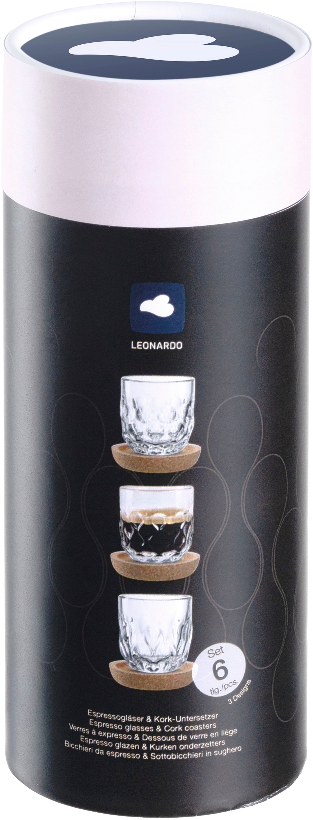 LEONARDO Gläser-Set »Espresso-Set GOCCE, 90 ml, 6-teilig«, (Set, 6 tlg.), 3 Gläser mit unterschiedlichem Tropfenrelief, inkl. Kork-Untersetzer