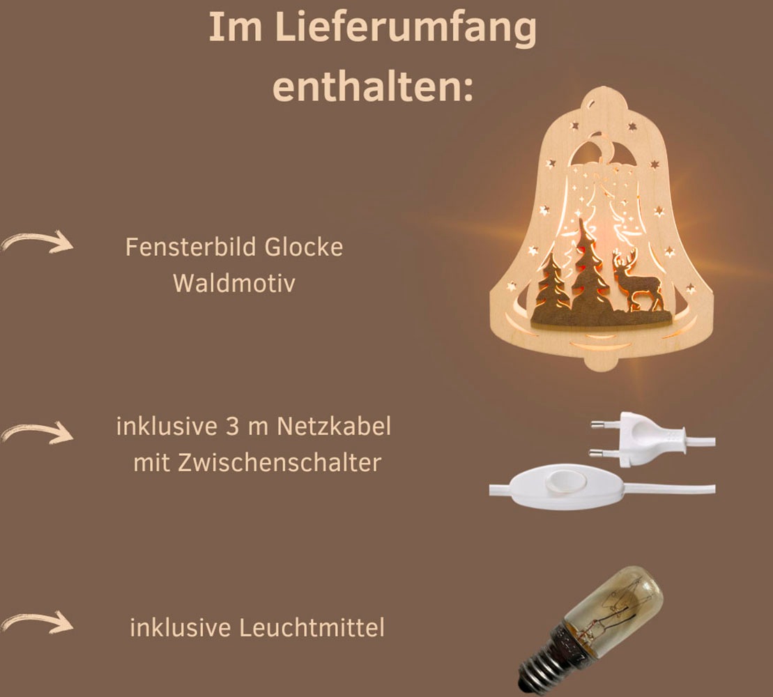 Weigla Dekofigur »beleuchtetes Fensterbild, Glocke, Waldmotiv, NATUR-BRAUN«, Erzgebirge garantiert, Weihnachtsdeko Innen, Weihnachtsbeleuchtung