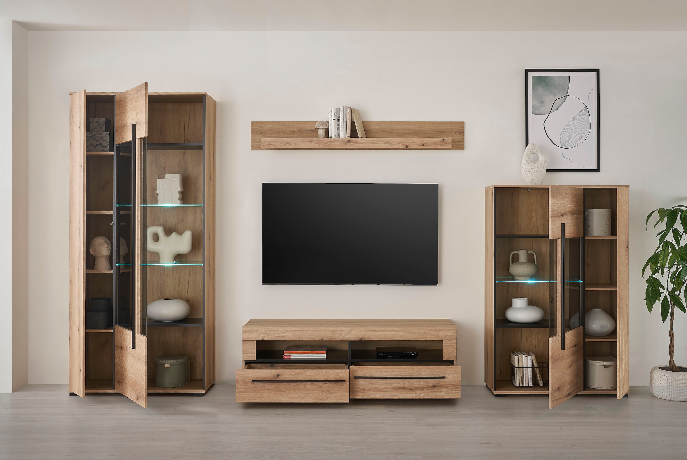 INOSIGN Wohnwand »Cantara, moderne Anbauwand, Wohnzimmer-Set, in Eiche Evoke oder Weiß«, (Set), enthält zwei Vitrinen, ein Lowboard und ein Wandboard