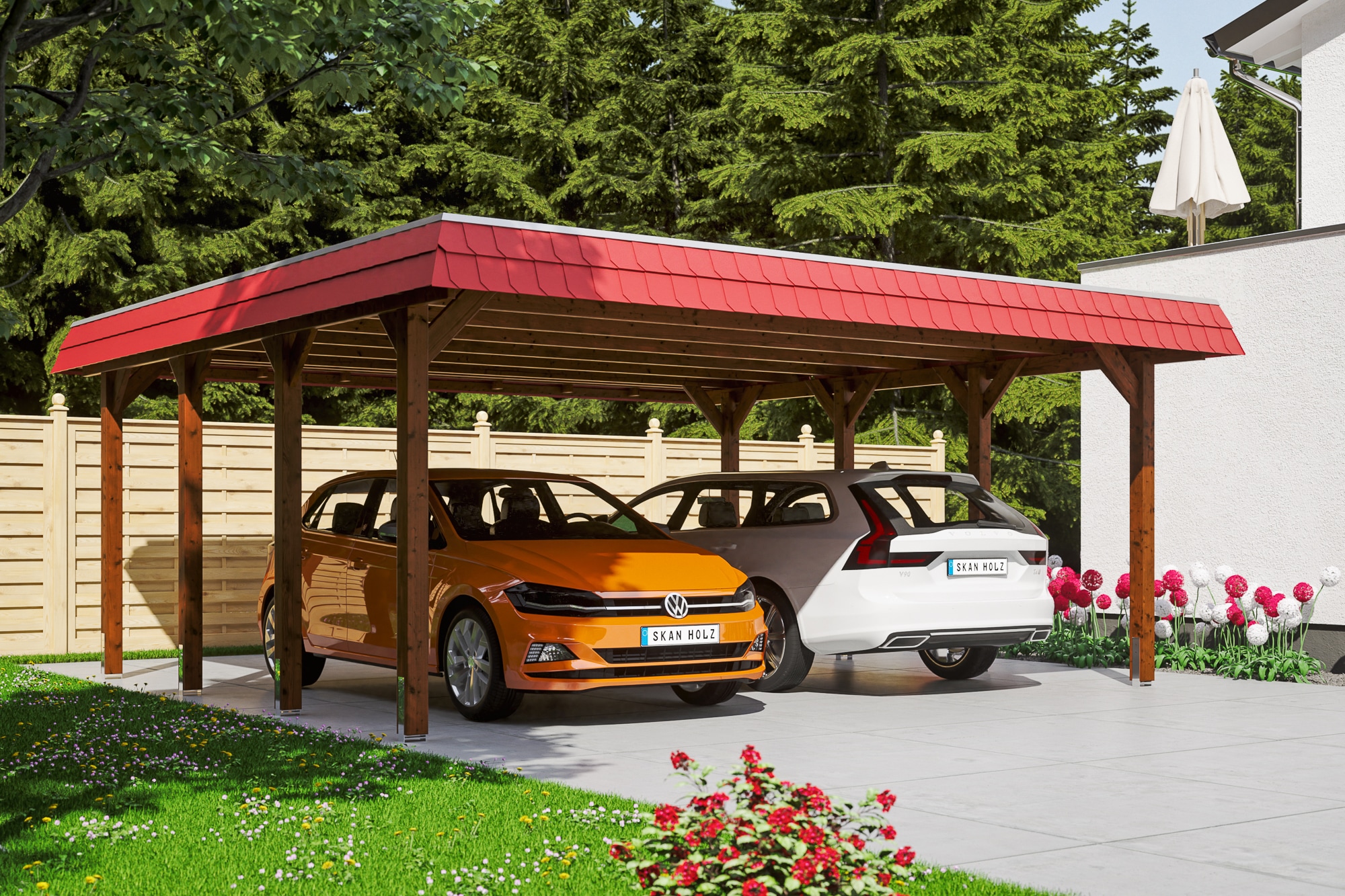 Skanholz Doppelcarport »Spreewald«, 530 cm, Nussbaum, mit Aluminiumdach, rote Blende