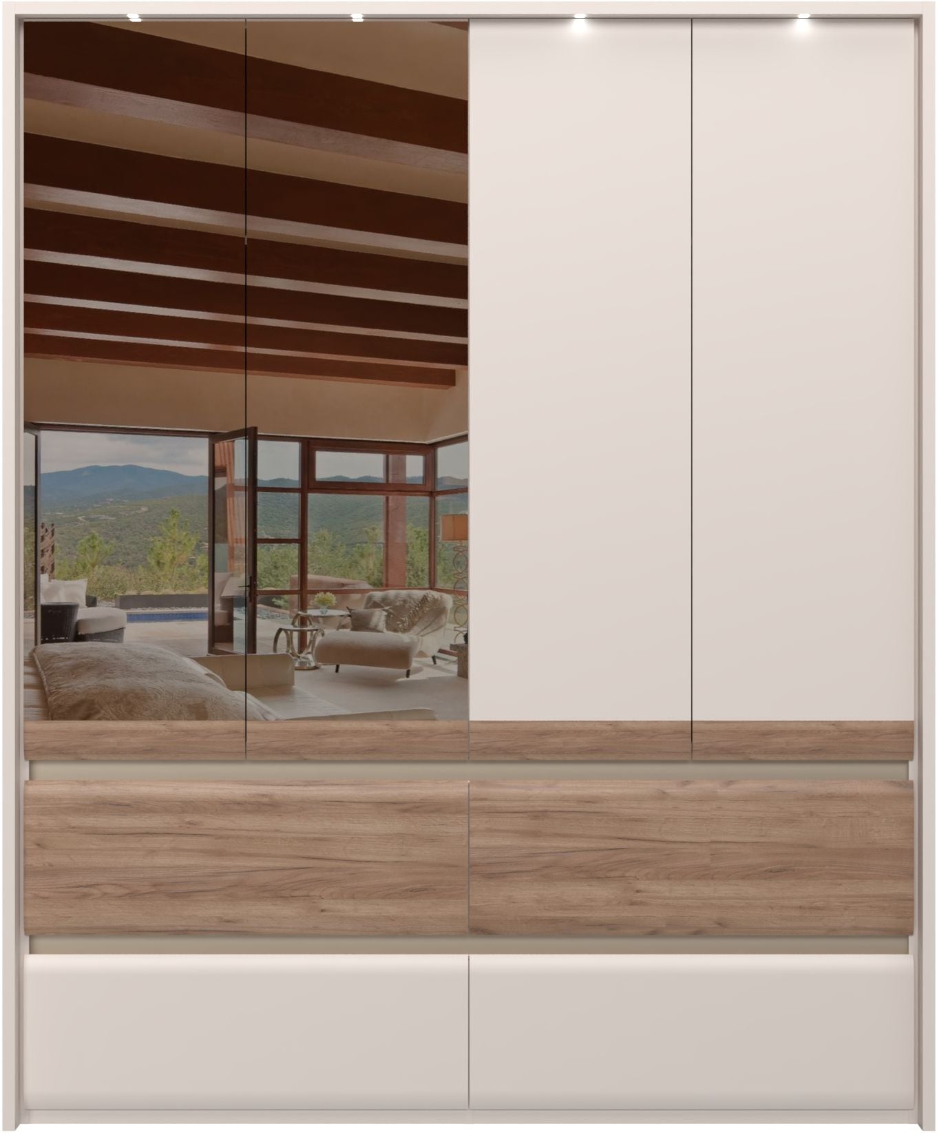 Places of Style Kleiderschrank »Invictus, UV lackiert, FSC-zertifiziert, grifflose Optik«, (abgerundete Schubladen aus MDF im Holzdekor, soft-close), mit Beleuchtung und Spiegel, in 4 Breiten, hoher Schrank (226cm)