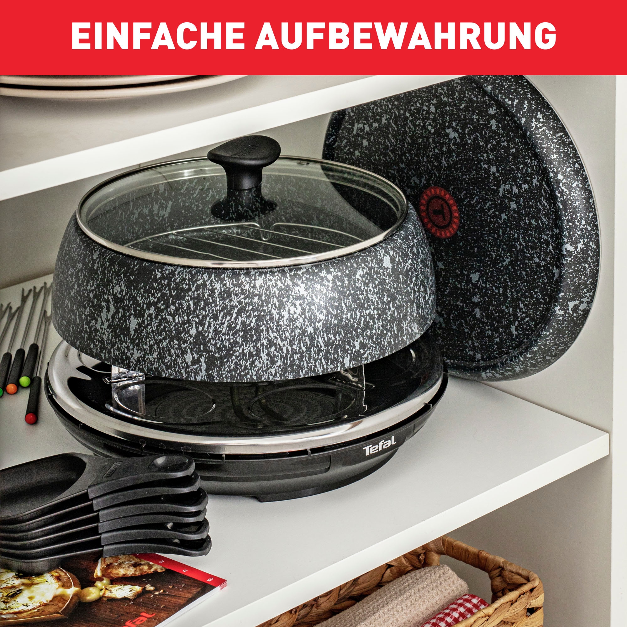 Tefal Raclette und Fondue-Set »Cheese 'n Co, 6 Raclettepfännchen, 850 W, für 6 Personen,« 6 Stk. Raclettepfännchen 850 W spülmaschinengeeignet, mit Rezeptbuch, Stein-Optik, RE12C8