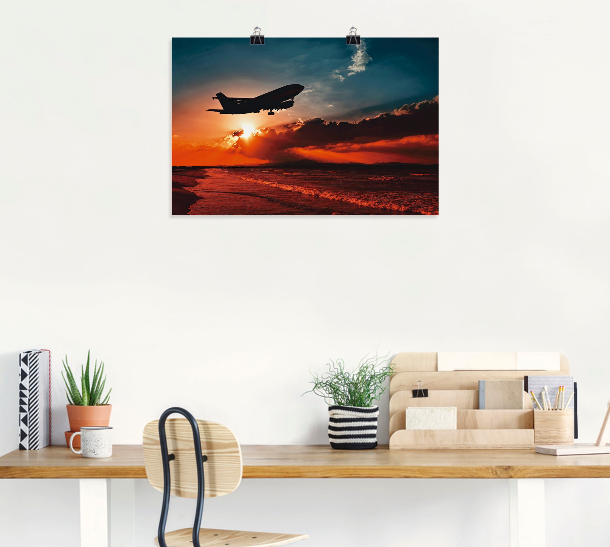 Artland Poster »Startendes Linienflugzeug am Abendhimmel«, Flugzeuge & Helikopter, (1 St.), als Alubild, Leinwandbild, Wandaufkleber oder Poster in versch. Größen
