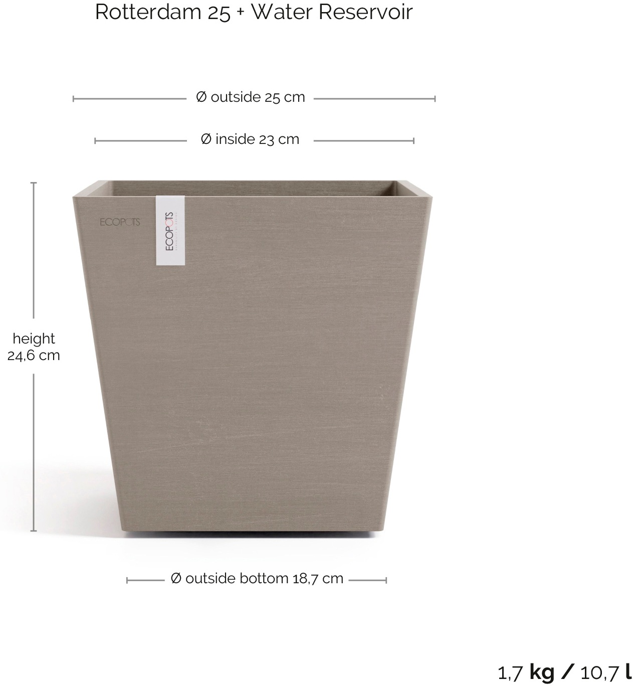 ECOPOTS Blumentopf »Rotterdam 25 + Wassersystem Taupe« für innen und außen: frostsicher, bruchsicher und lichtbeständig