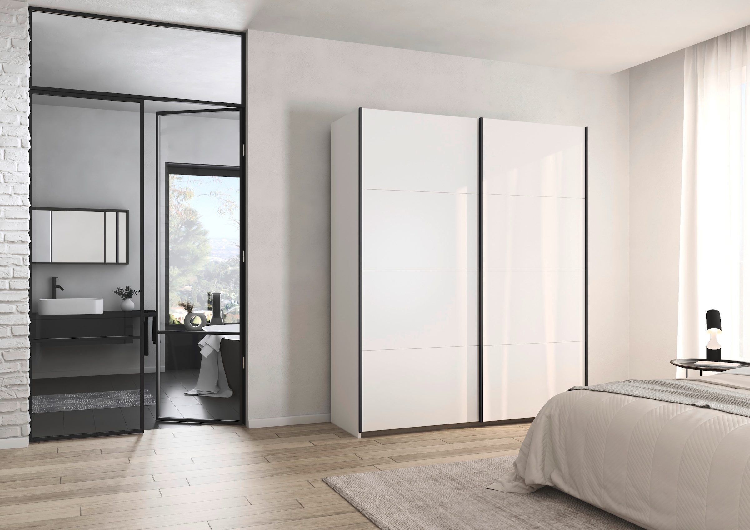 rauch Schwebetürenschrank »Kleiderschrank Schrank Garderobe Schlafzimmerschrank OXFORD«, (in 3 verschiedenen Ausstattungen BASIC/CLASSIC/PREMIUM), mit Griffleisten aus Metall, auch für kleinere Räume MADE IN GERMANY
