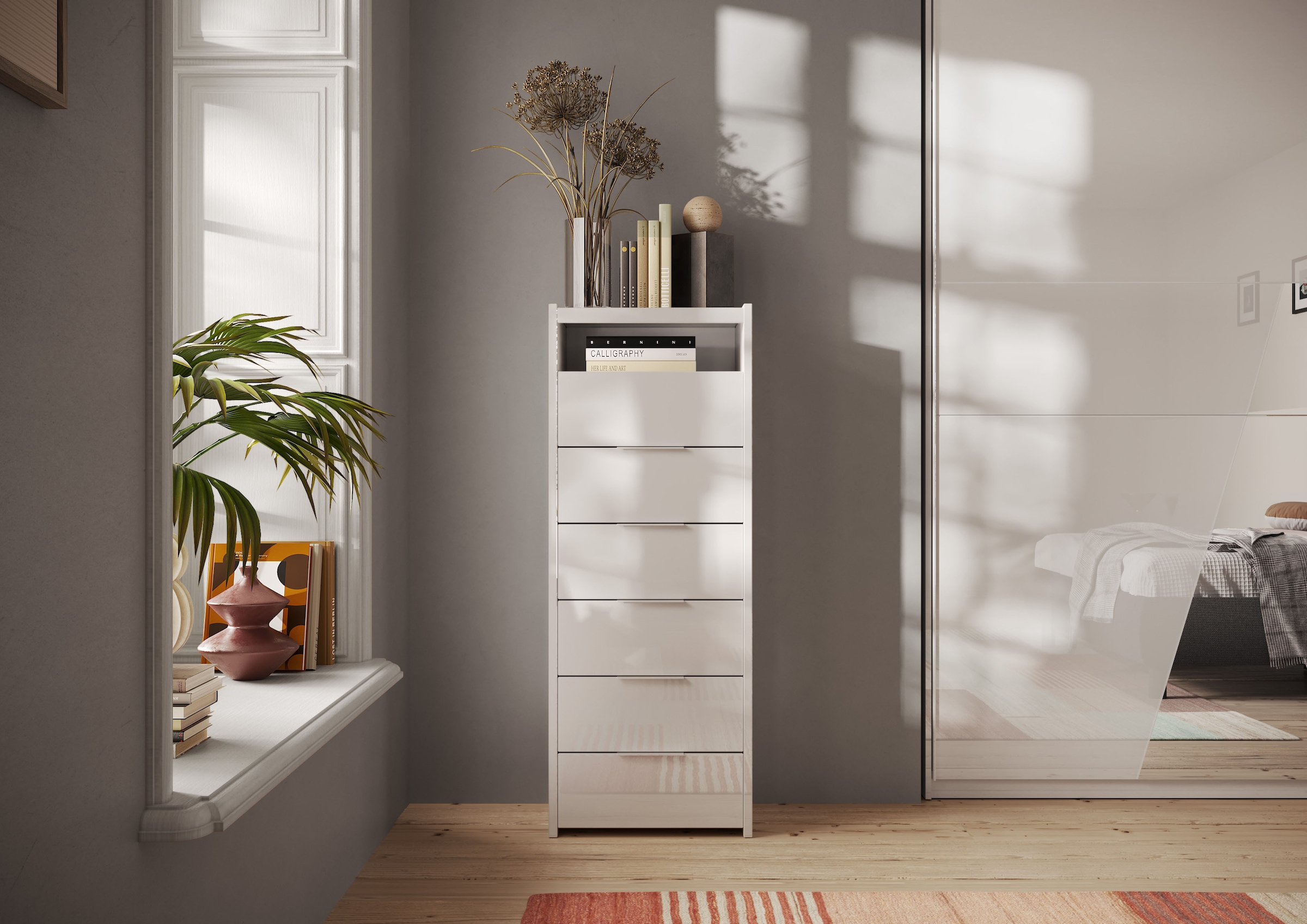 INOSIGN Kommode »Malmo, Schubkastenkommode B/T/H 52/40/135 cm, mit 6 Schubkästen,«, offene Ablage, Top 22 mm stark, Metallgriff, Weiss Hochglanz Lack