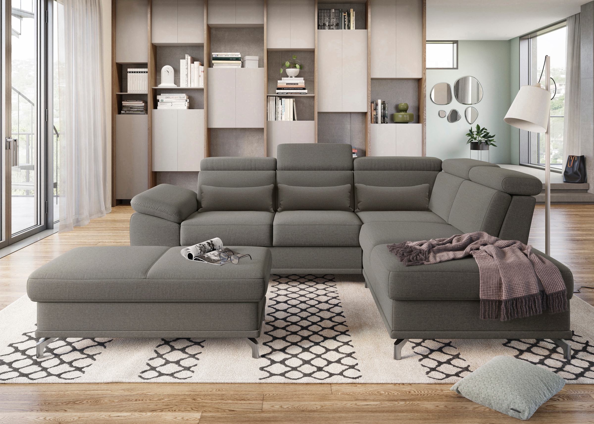 sit&more Ecksofa »Cabrio L-Form, B: 274 cm, mit Sitztiefen-, Arm- & Kopfteilverstellung« 3 Nierenkissen, Federkern, optional Bettfunktion und Stauraum