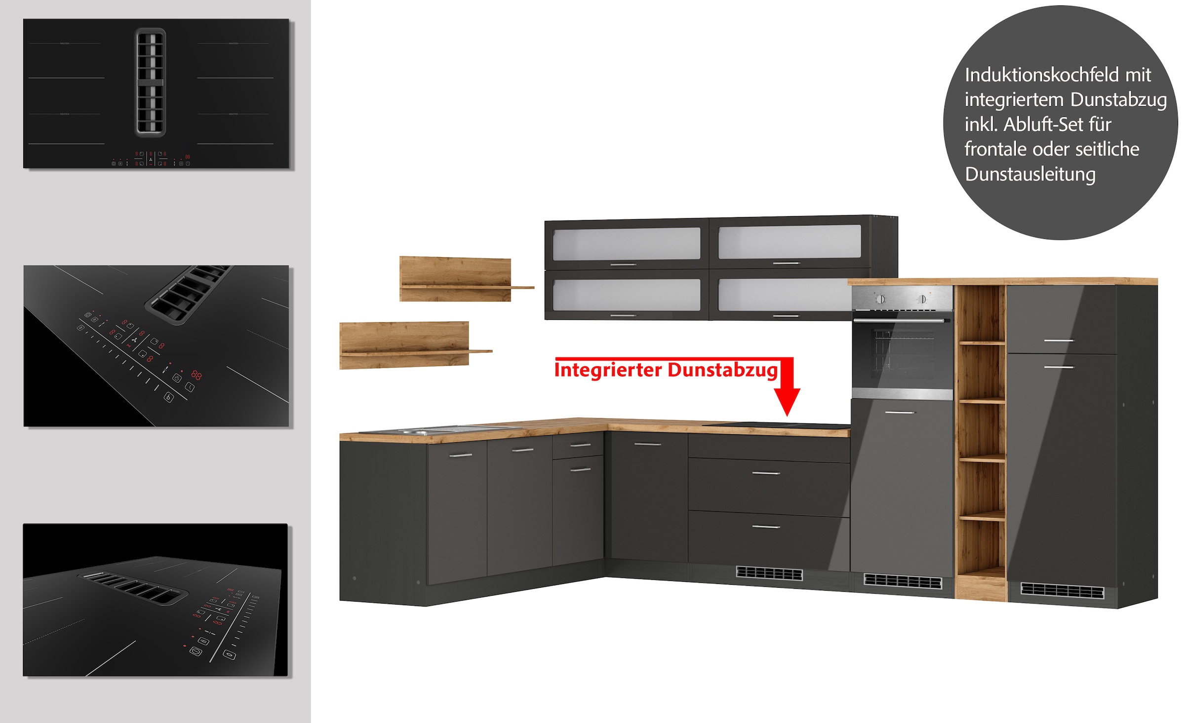 KOCHSTATION Winkelküche »KS-Milan, optional mit Muldenlüfter«, Stellbr.360/220 cm, wahlweise mit E-Geräten, Kochfeld mit Dunstabzug