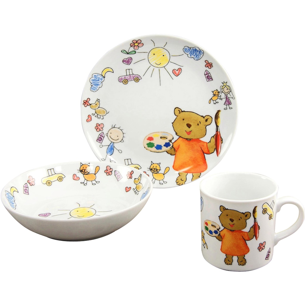 CreaTable Kindergeschirr-Set »Teddy«, (Set, 3 tlg., 1 Kinderteller, 1 Kinderbecher, 1 Kinderschale im Set)