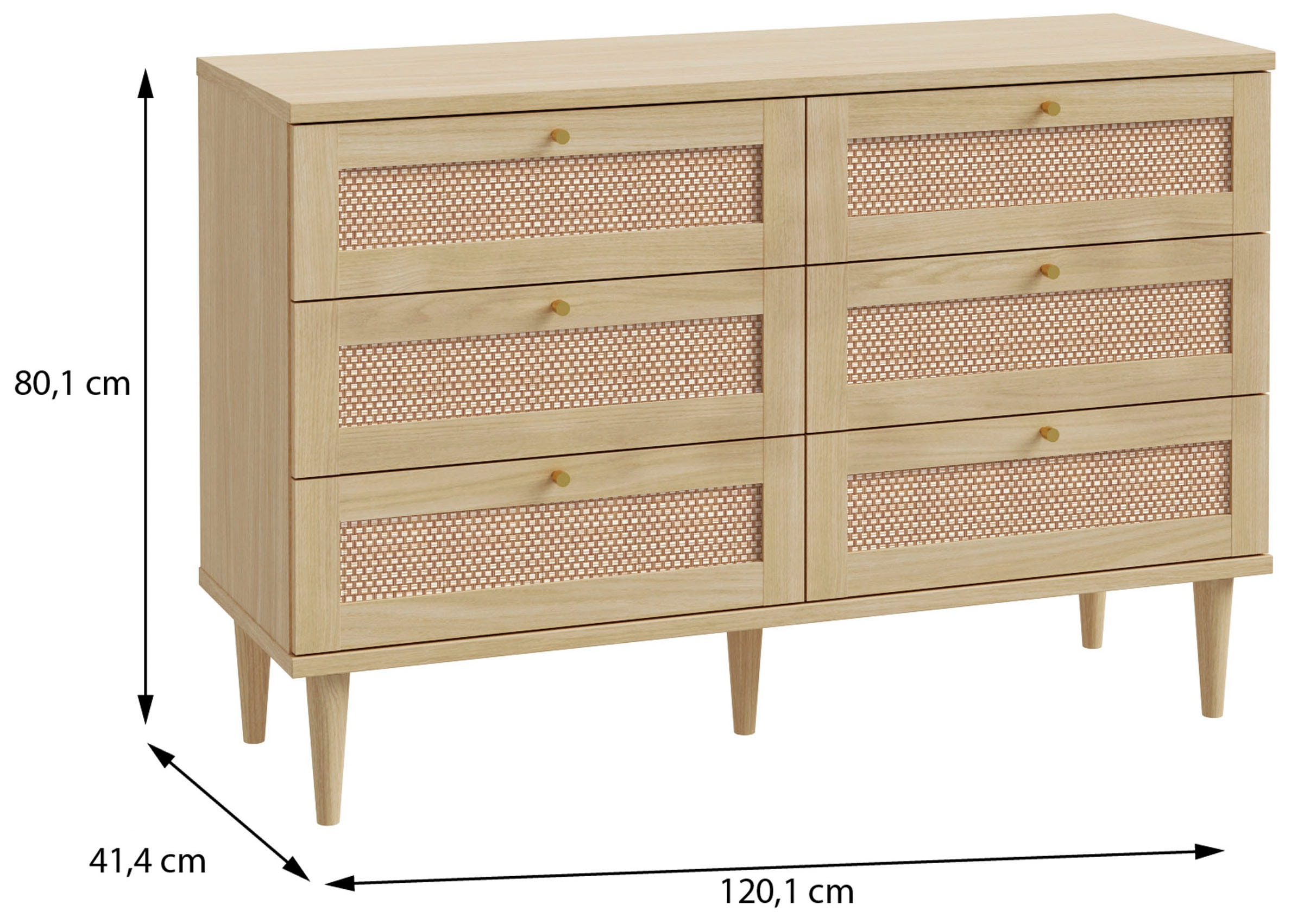 OTTO home Kommode »ELLIAN mit Wiener Geflechtoptik, 6 Schubkästen« Holzfüße, Metallgriffe, Made in EU, viel Stauraum
