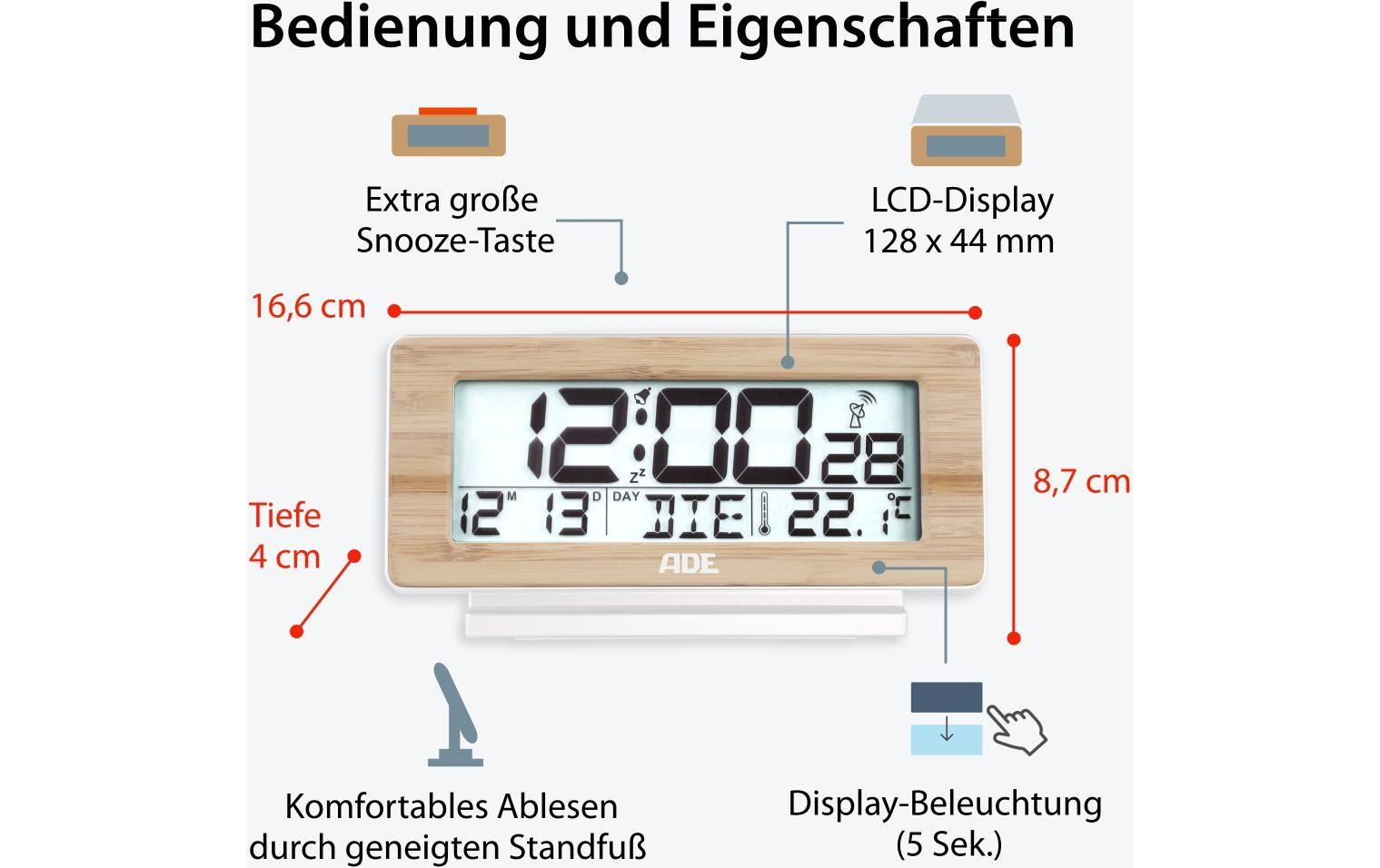ADE Wecker »Temperatur-& Datumsanzeige«