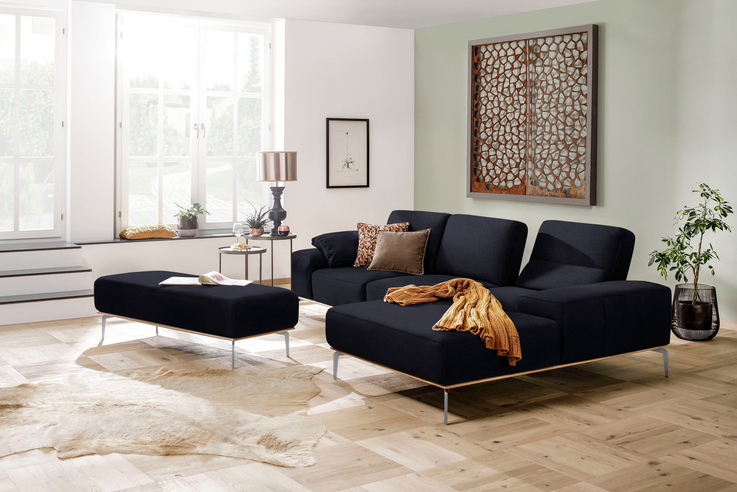 W.SCHILLIG Ecksofa »run, Designsofa, bequem, L-Form«, mit elegantem Holzsockel, Füße in Chrom glänzend, Breite 299 cm