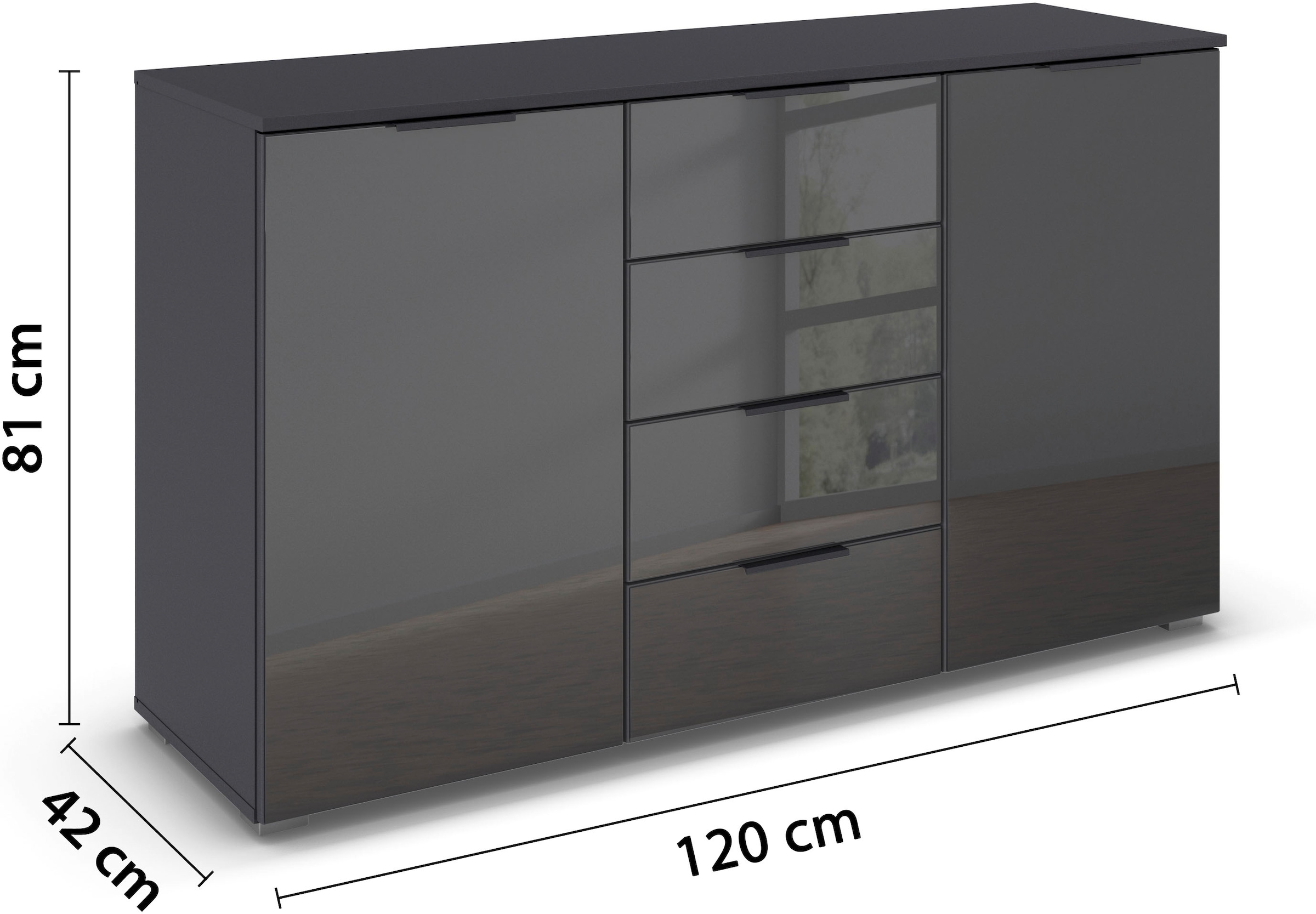 rauch Kombikommode »Sideboard Kombikommode Schubladenkommode AGORDO mit Glasfront«, (in zwei Griff-Farben, Breite 120 cm), vier große Schubladen, mit insgesamt 4 Einlegeböden MADE IN GERMANY