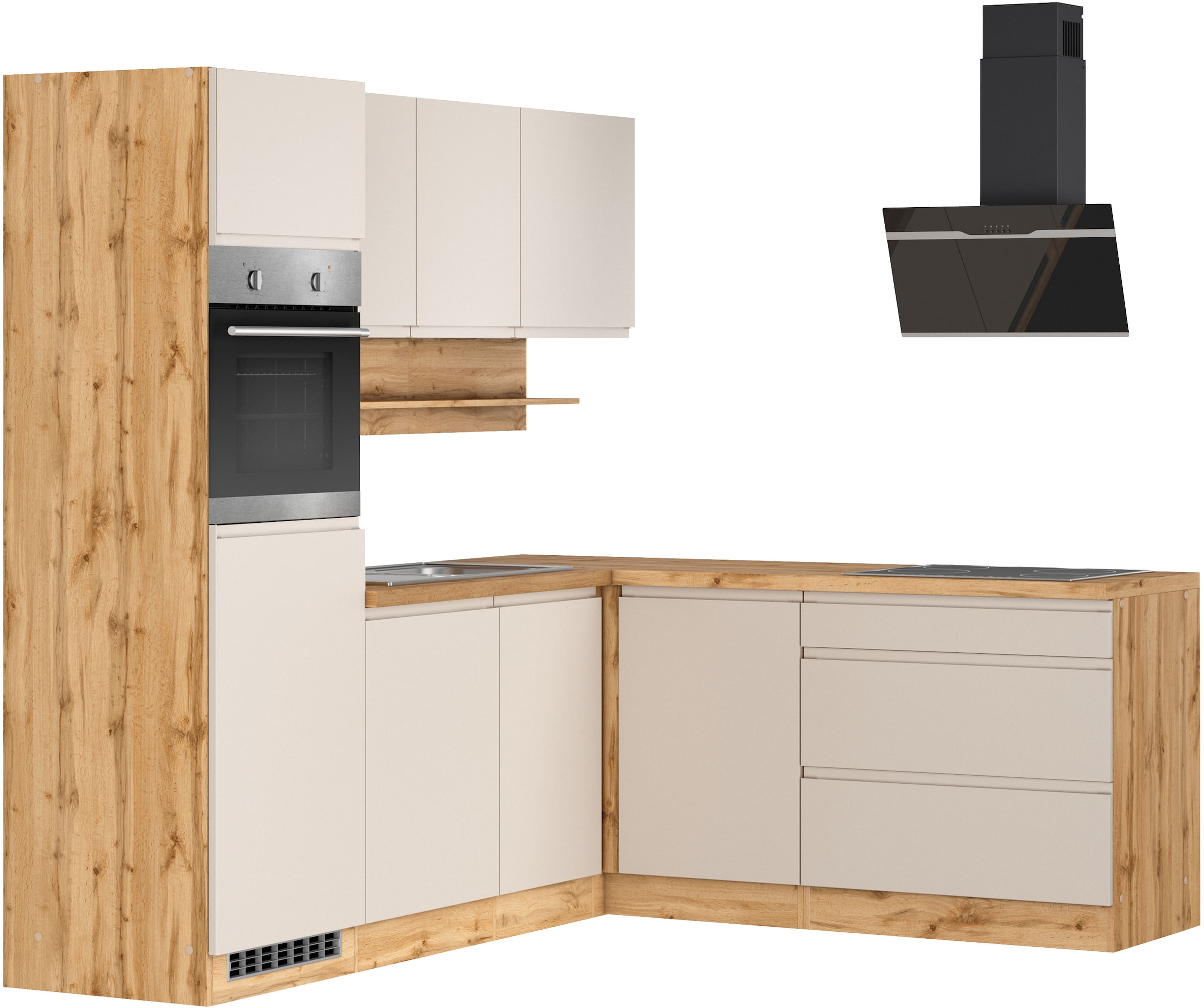 KOCHSTATION Winkelküche »KS-Virginia,neu in verbesserter Ausführung« Arbeitsplatte 38 mm stark, Stauraum, Softclose,  Stellbreite 230/190 cm, Soft-Close,wahlweise mit E-Geräten