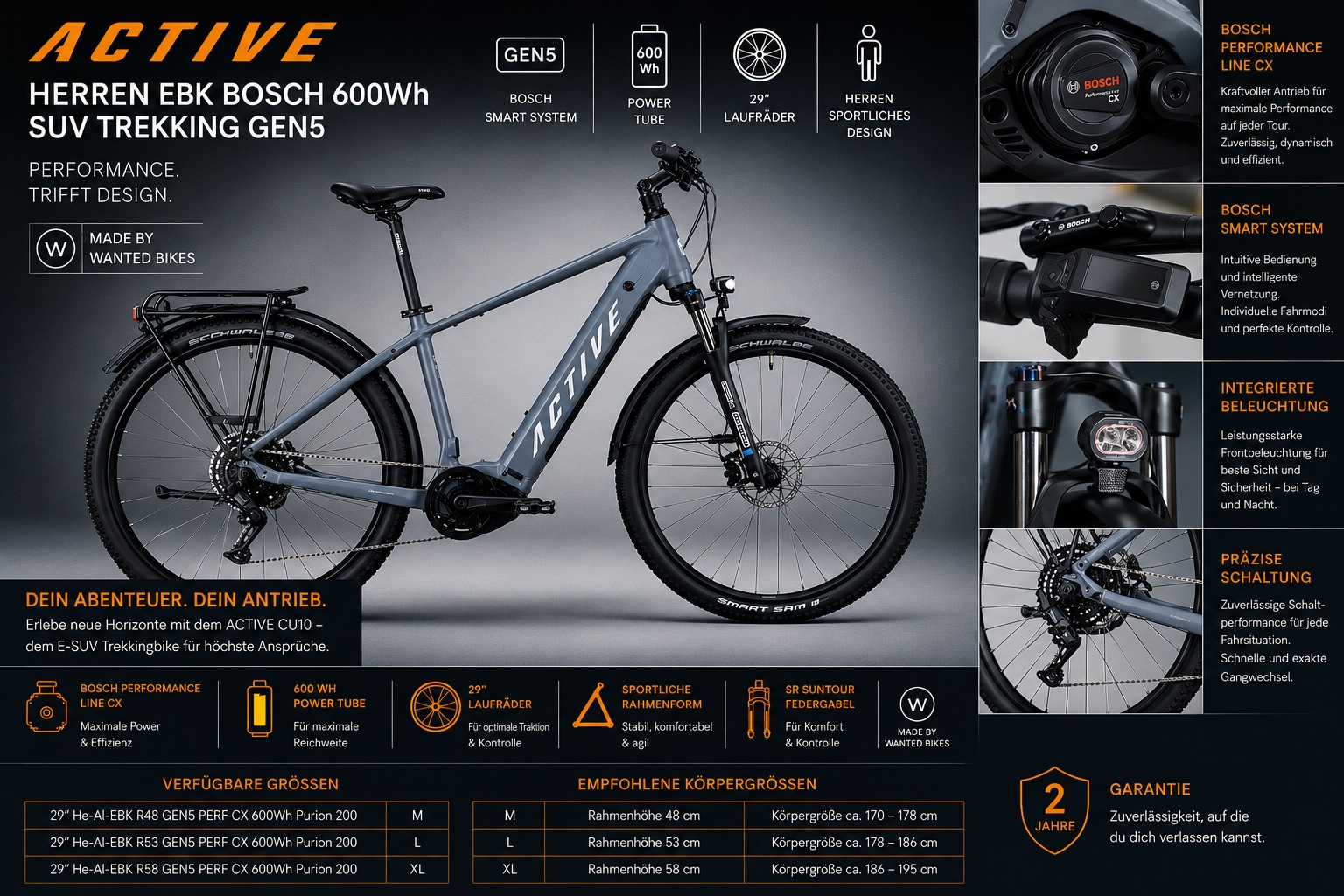 WANTED »Bosch Performance Line CX Gen5 Mittelmotor« 10 Gang Shimano CUES RD-U6000 Schaltwerk Kettenschaltung Mittelmotor 250 W Unterstützung bis 25 km/h, Bosch Smart System