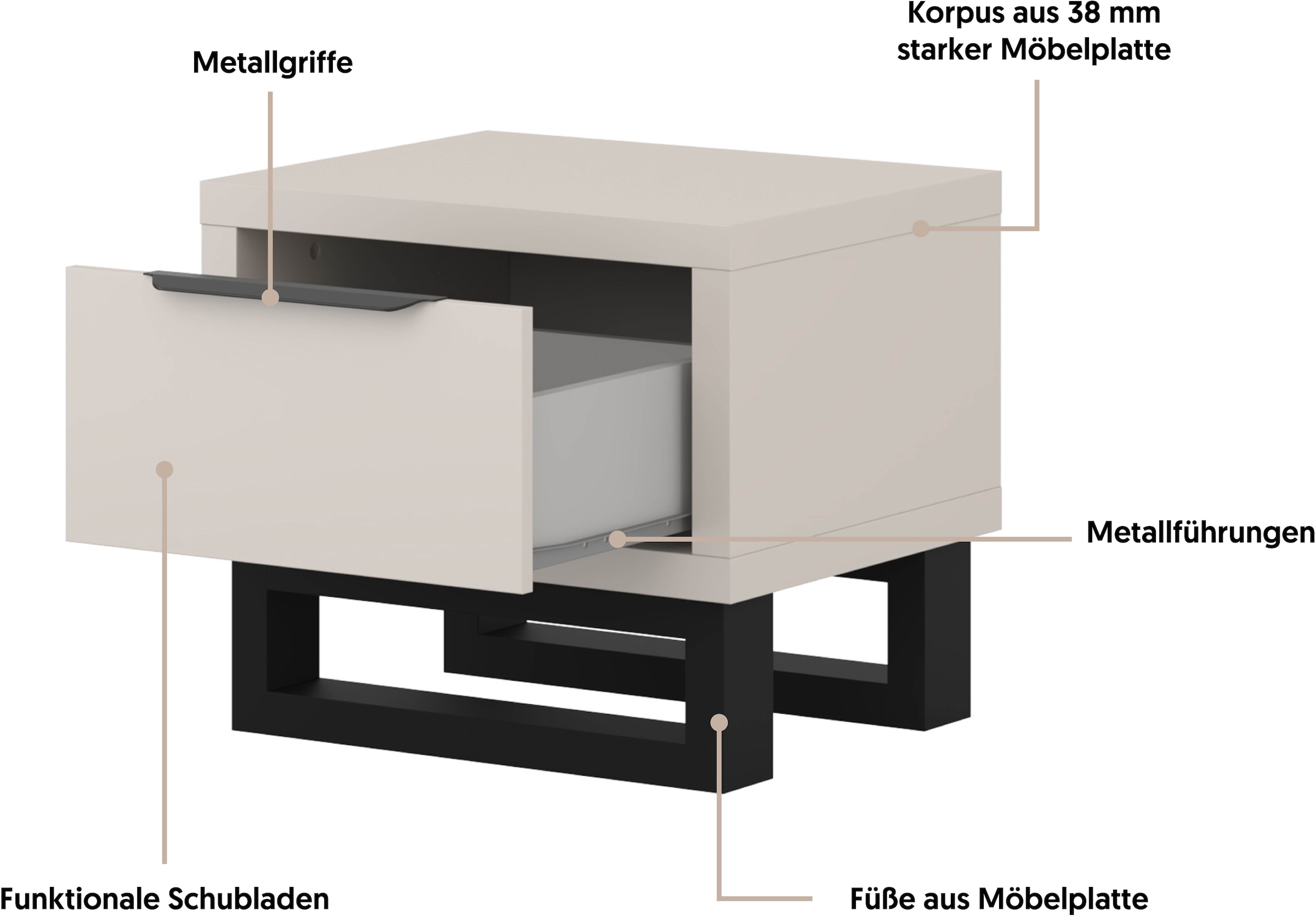 Home affaire Nachtkommode »Bronne,Breite 55 cm, Nachttisch mit 1 Schublade« Moderner Nachtschrank mit Kufen in Metalloptik, Metallgriff