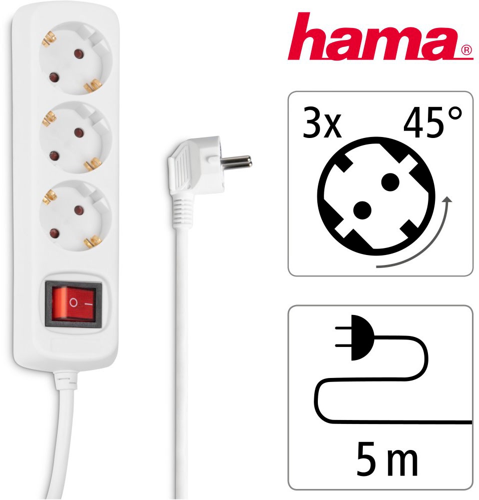 Hama Steckdosenleiste »3-fach, mit Schalter, 5 m, Weiß, mit erhöhtem Berührungsschutz«, 3-fach, (Kabellänge 5 m), Mehrfachsteckdose, Schalter,erhöhter Berührungsschutz