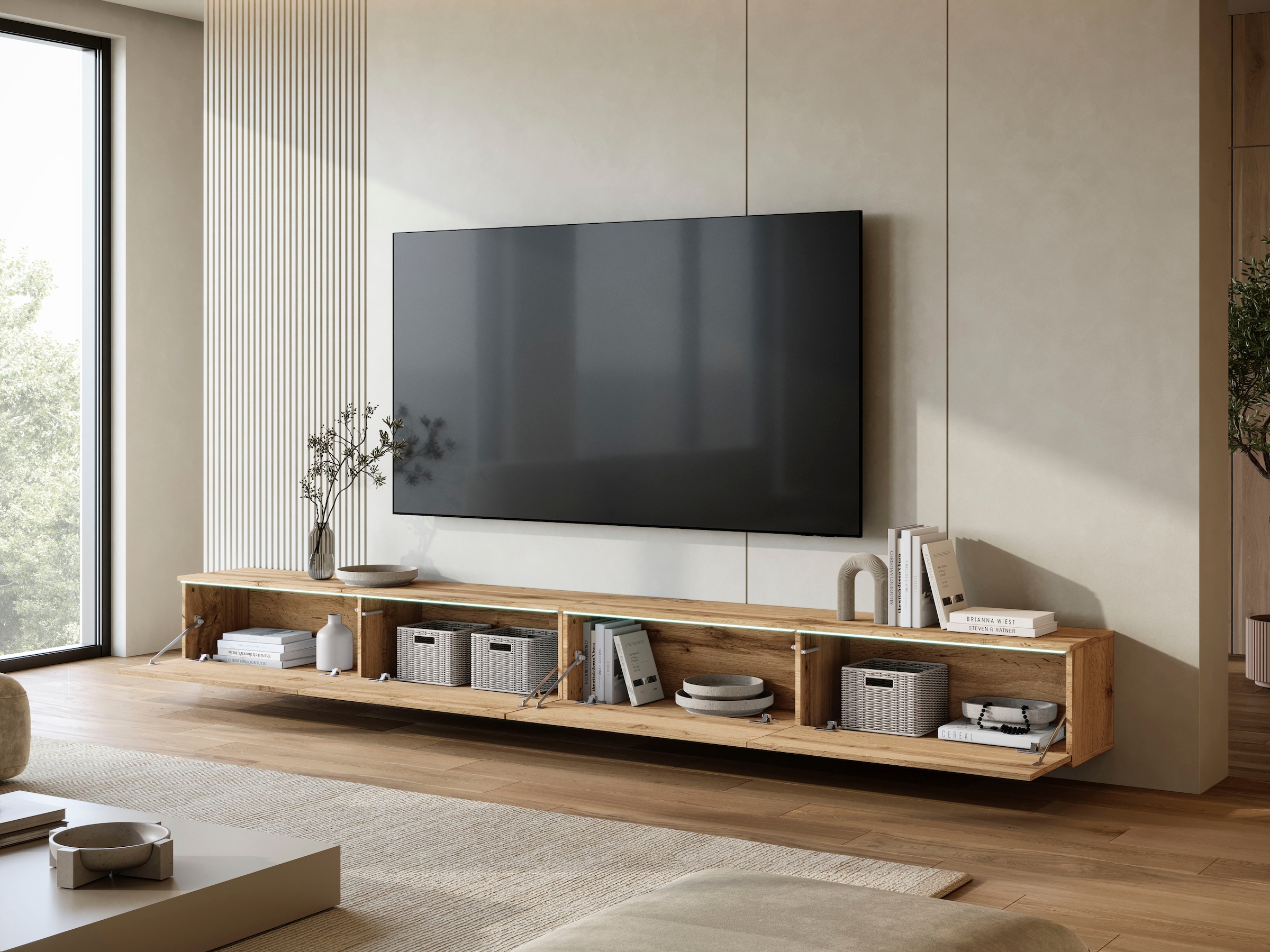 Home affaire Lowboard »Vera, TV-Schrank, Breite 300 cm, verschiedene Farbausführungen« 1 Stk. tlg. Mit LED, 4 Klappen, grifflose Fronten, hängend oder stehend