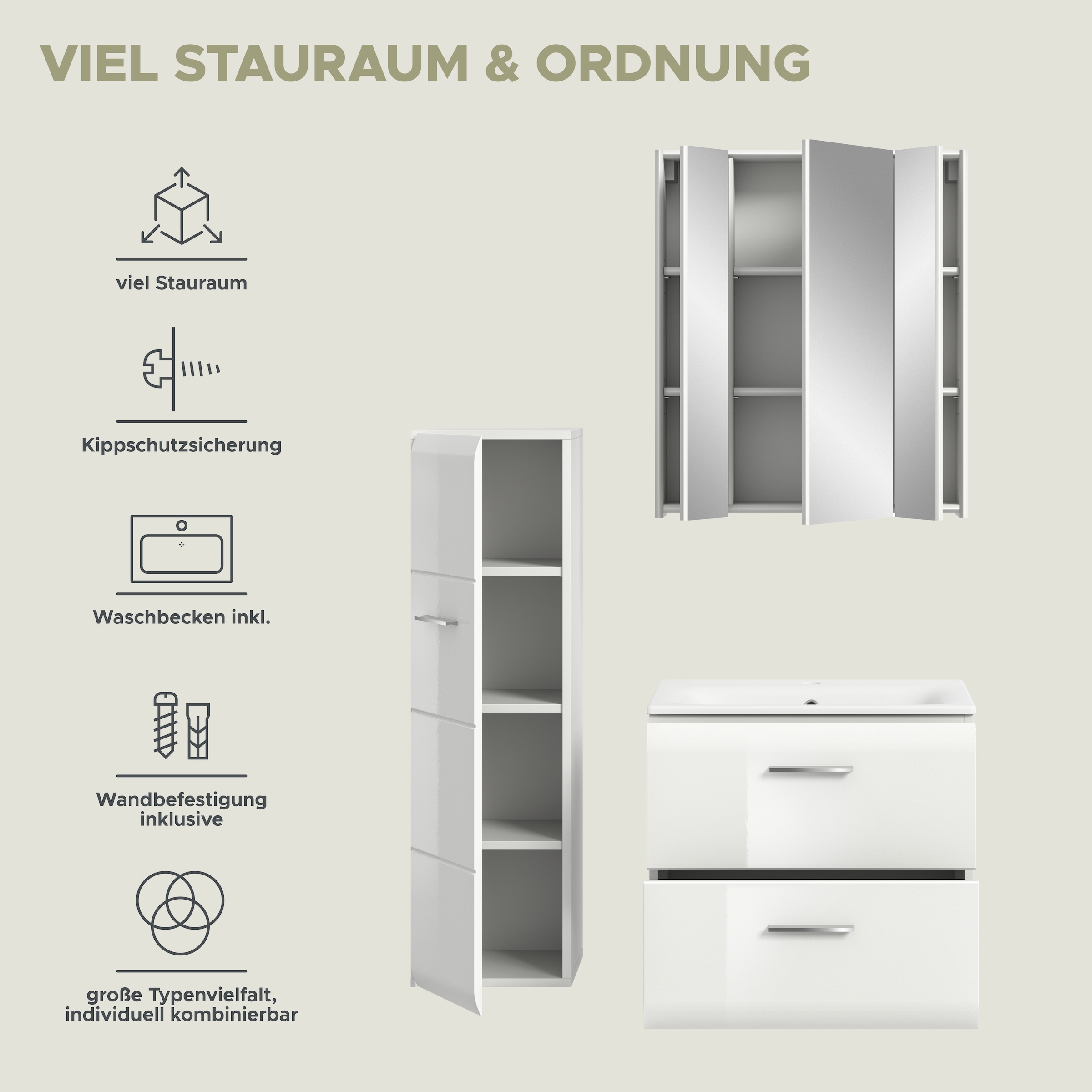 INOSIGN Badezimmer-Set, (Set, 4 St.), Florenz, Badkombination 4-tlg.,Weiß hochglanz, inkl. Waschbecken