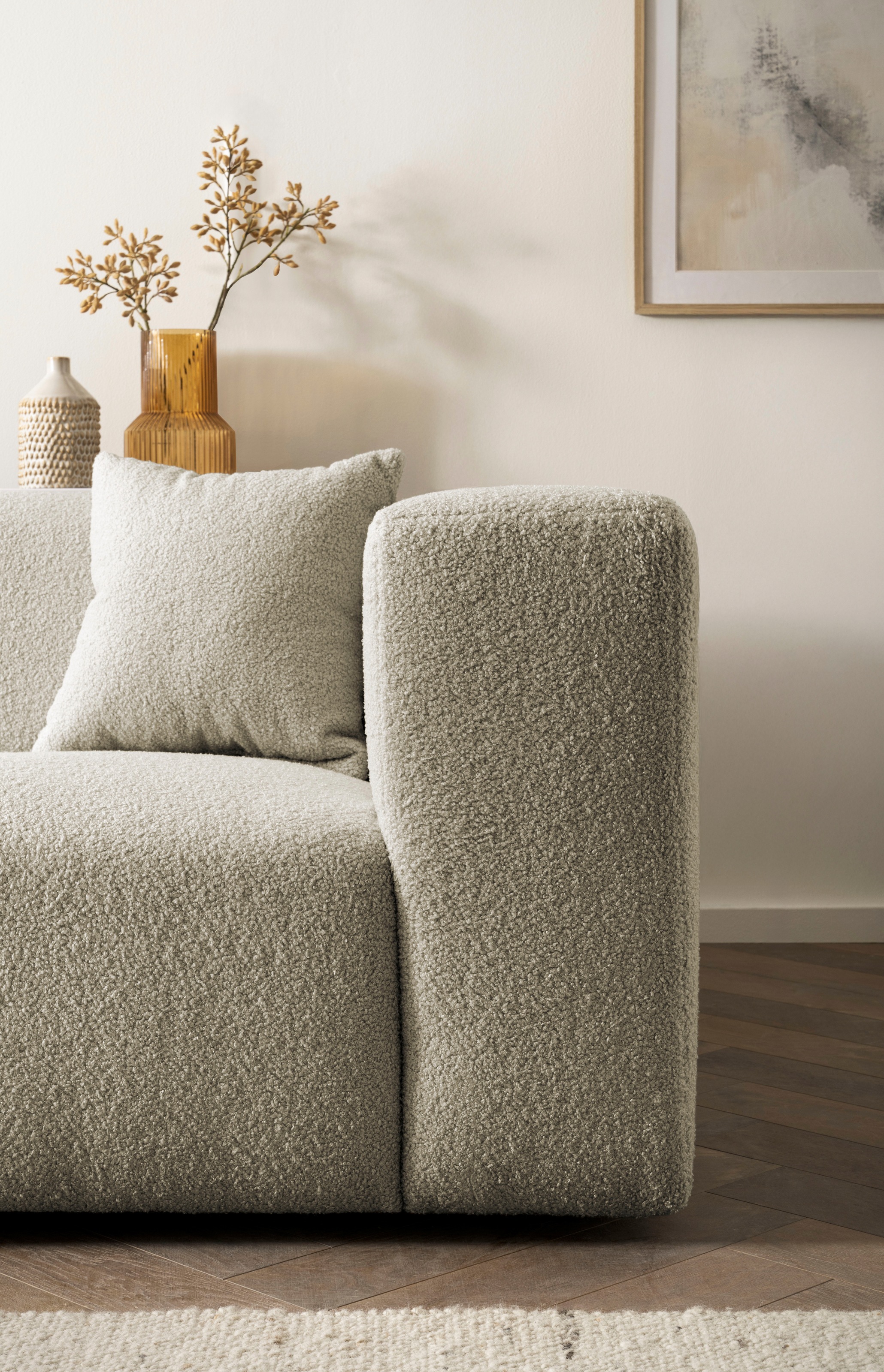 andas Ecksofa »BAKELS, L-Form in Cord oder Boucle-Stoff, moderne Couch«, wahlweise Recamiere rechts/links, bequemer Sitzkomfort