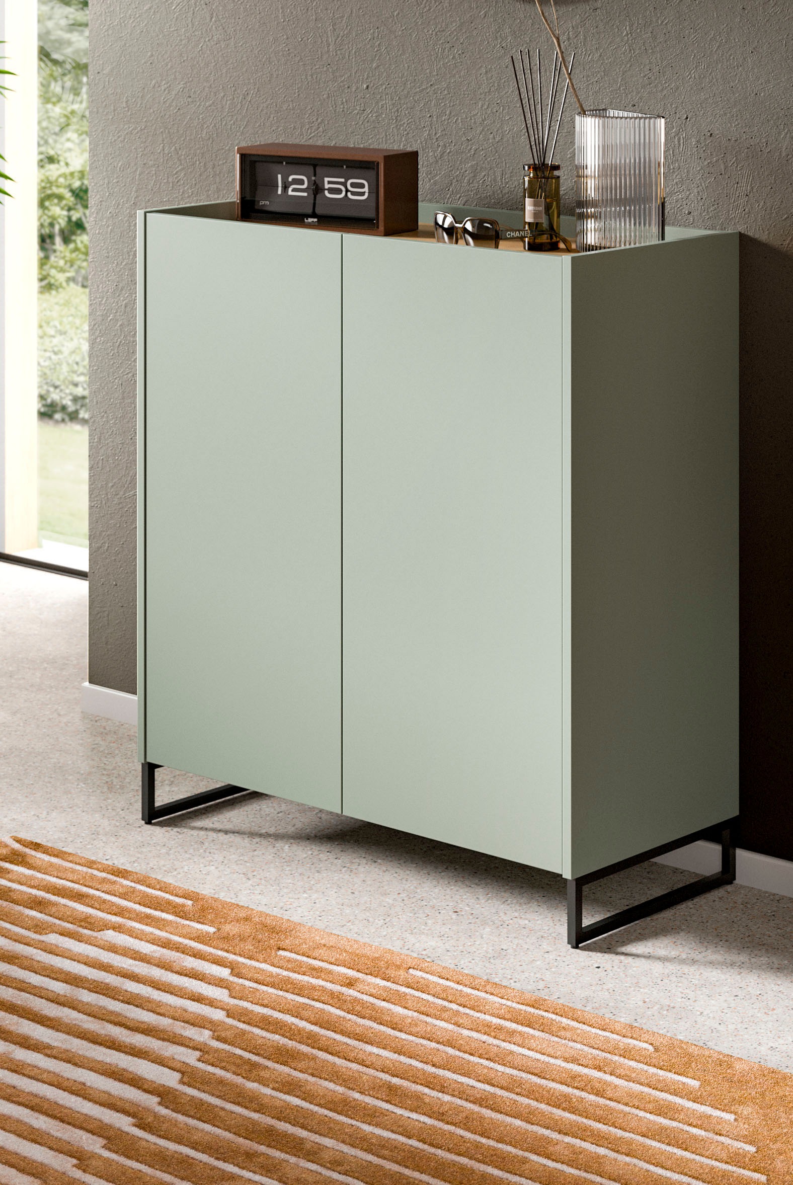 INOSIGN Schuhschrank »EVRID, Breite 90cm, 2 Türen, 5 Einlegeböden, inkl. Metall-Kufenfüße«, (1 St., individuell mit anderen Artikel der Serie EVRID erweiterbar), Schuhkommode, Kommode, Sideboard, Garderobenschrank, Flurkommode