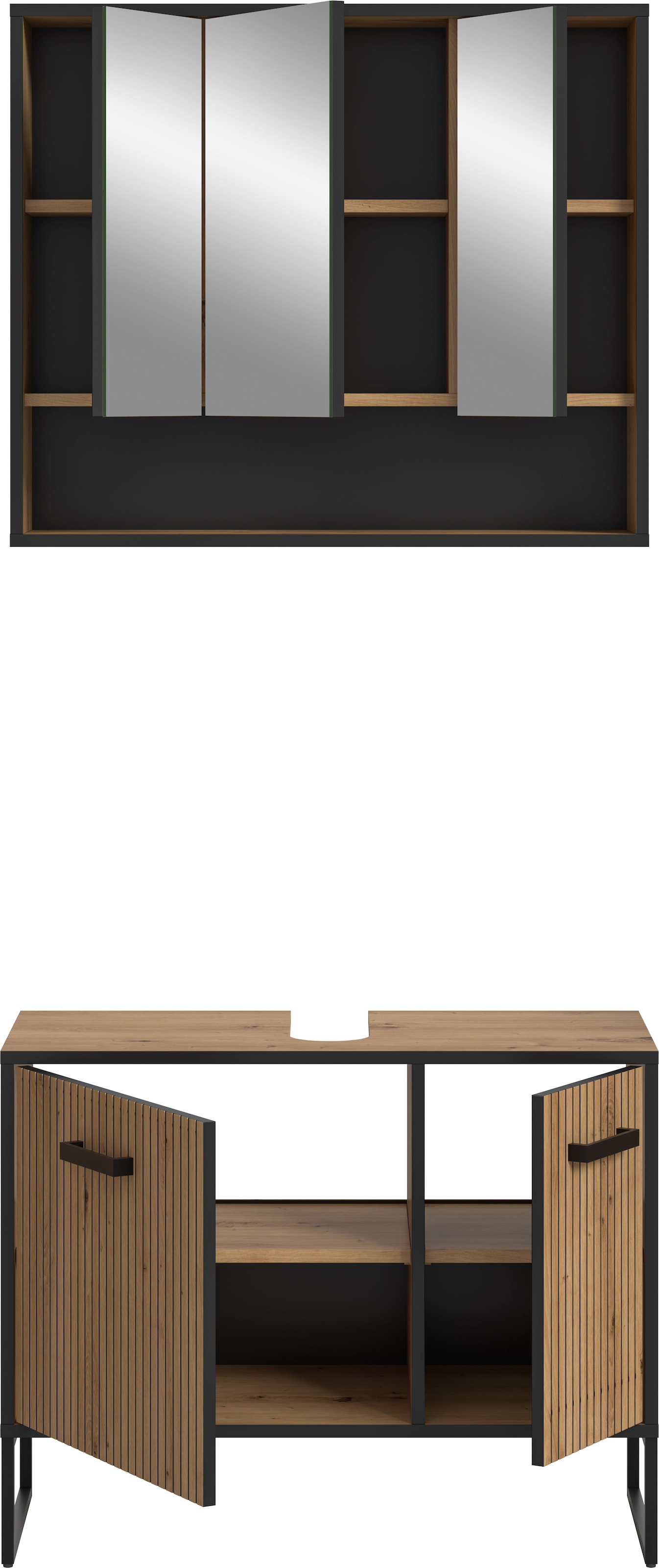 welltime Badezimmer-Set »LOCRI, 2-tlg. Badkombination, Breite 80 cm, Rillenoptik, Metallkufen« bestehend aus: Waschbeckeunterschrank & Spiegelschrank, 2 Stk. tlg.