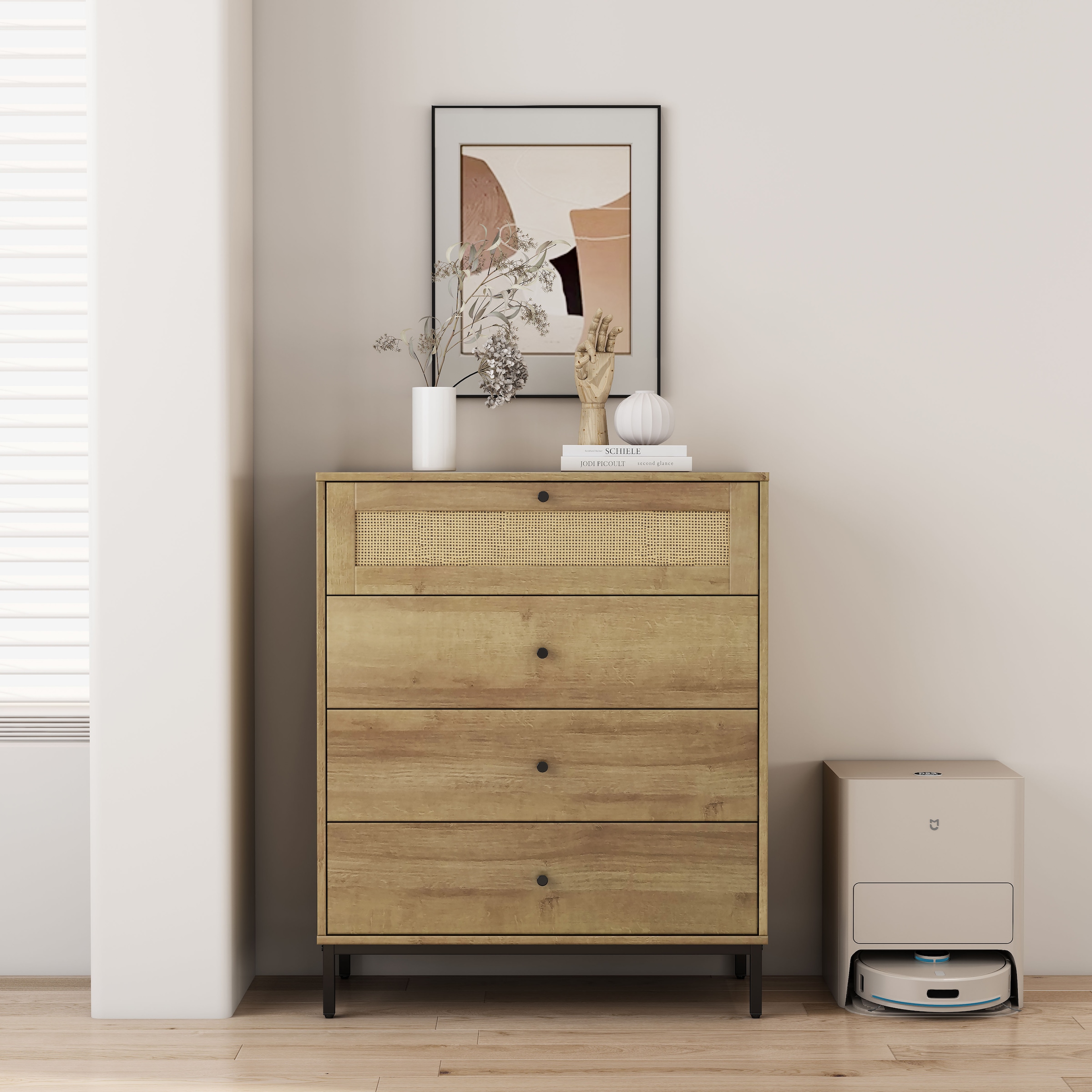 OTTO home Kombikommode »Motala Sideboard Wäscheschrank im BOHO Design Bestseller Kommode« Eichen-Design mit Geflecht Schublade und schwarzen Griffen, 