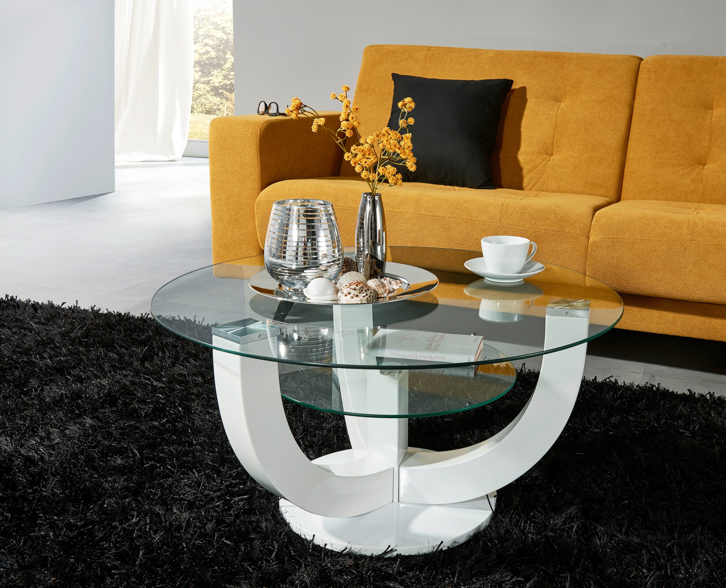 STOLKOM Couchtisch »Denver, TOPSELLER!« Couchtisch, OTTOs Choice, rund mit Glas, Tisch -Gestell weiß hochglanz weiß + weiß HG + Glas