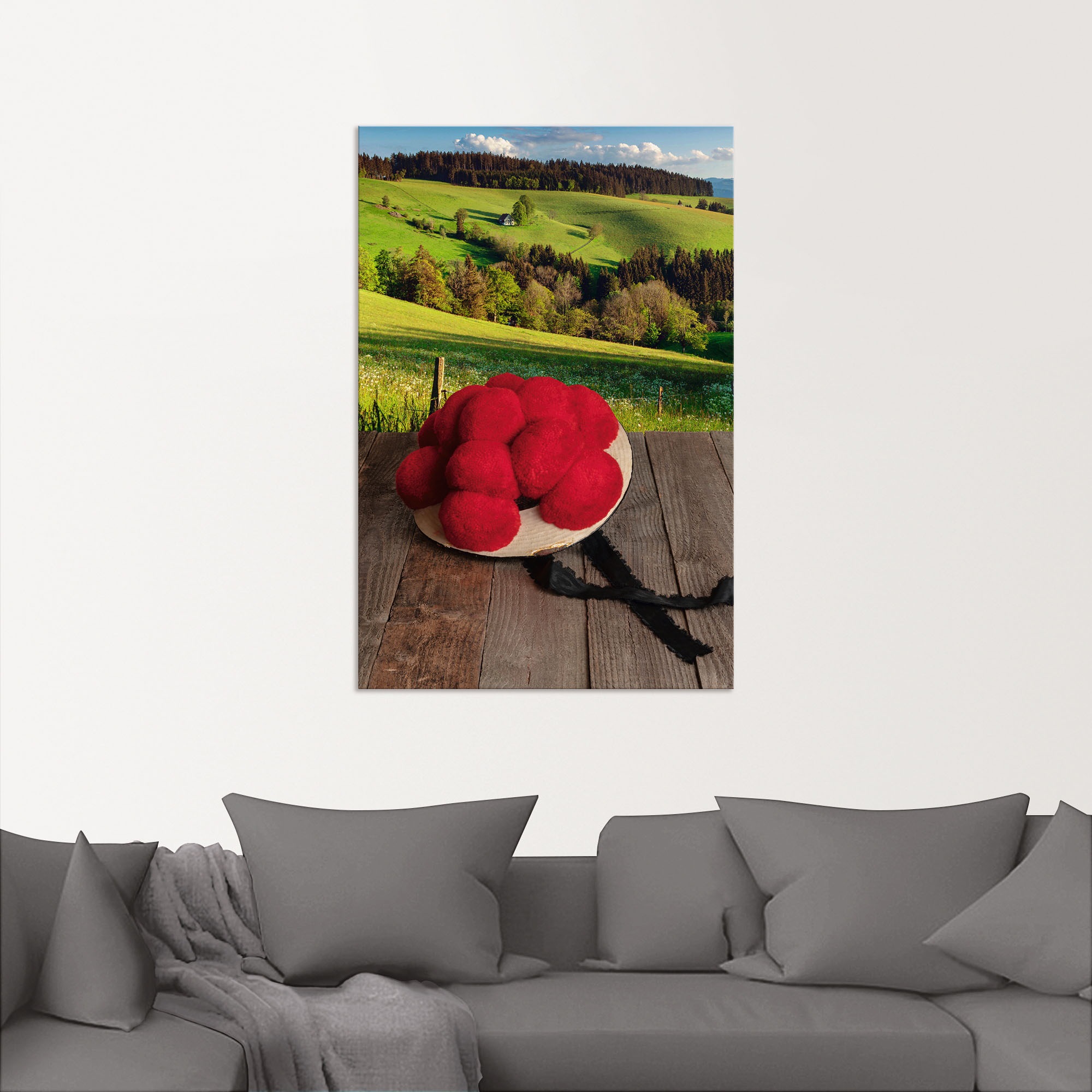 Artland Wandbild »Schwarzwälder Bollenhut auf Holztisch« Wiesen & Baumbilde günstig online kaufen