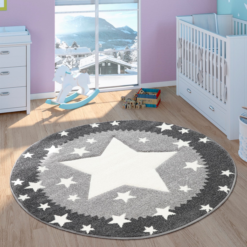 Paco Home Kinderteppich »Ela 398«, rund, 17 mm Höhe, 3D-Design, Motiv Sterne, Pastell-Farben, mit Bordüre, Kinderzimmer