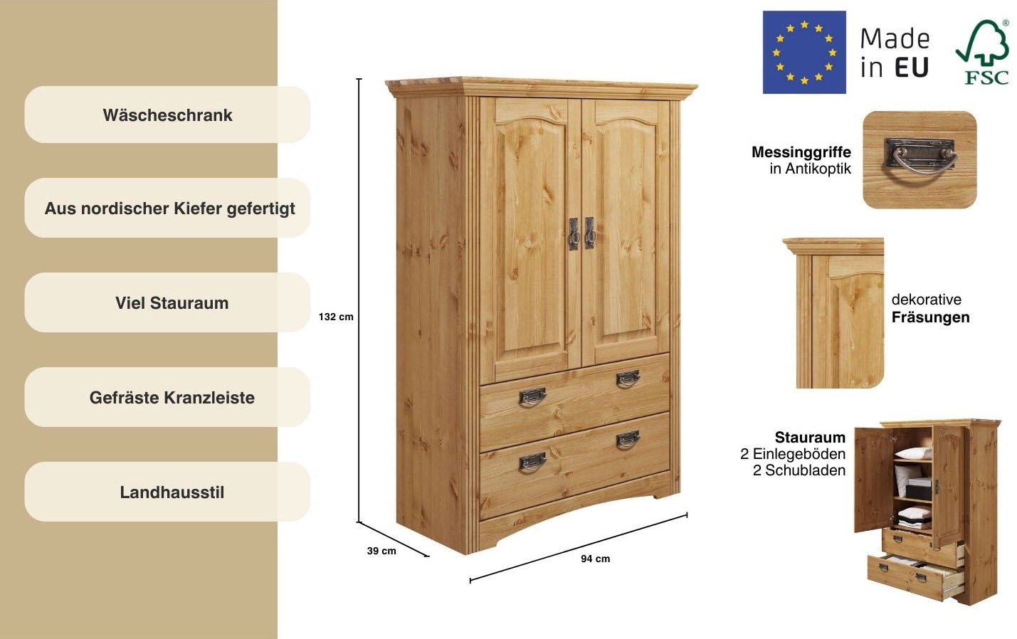 Home affaire Wäscheschrank »Konrad«, (2 Breiten: 94/133 cm H/T ca. 132/39 cm), aus massiver Kiefer, mit viel Stauraum
