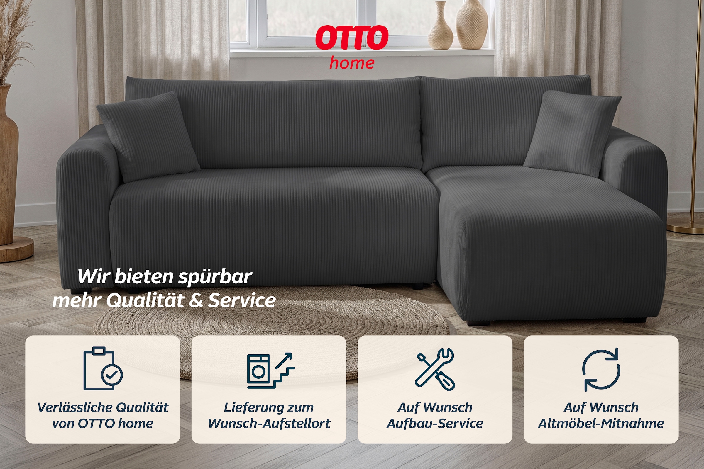 OTTO home Ecksofa »JONAA  L-Form, 241cm. inkl. Schlaffunktion, weicher Cordstoff« Tonnentaschen-Federkern, Bettkasten, Schlafsofa (133/200)