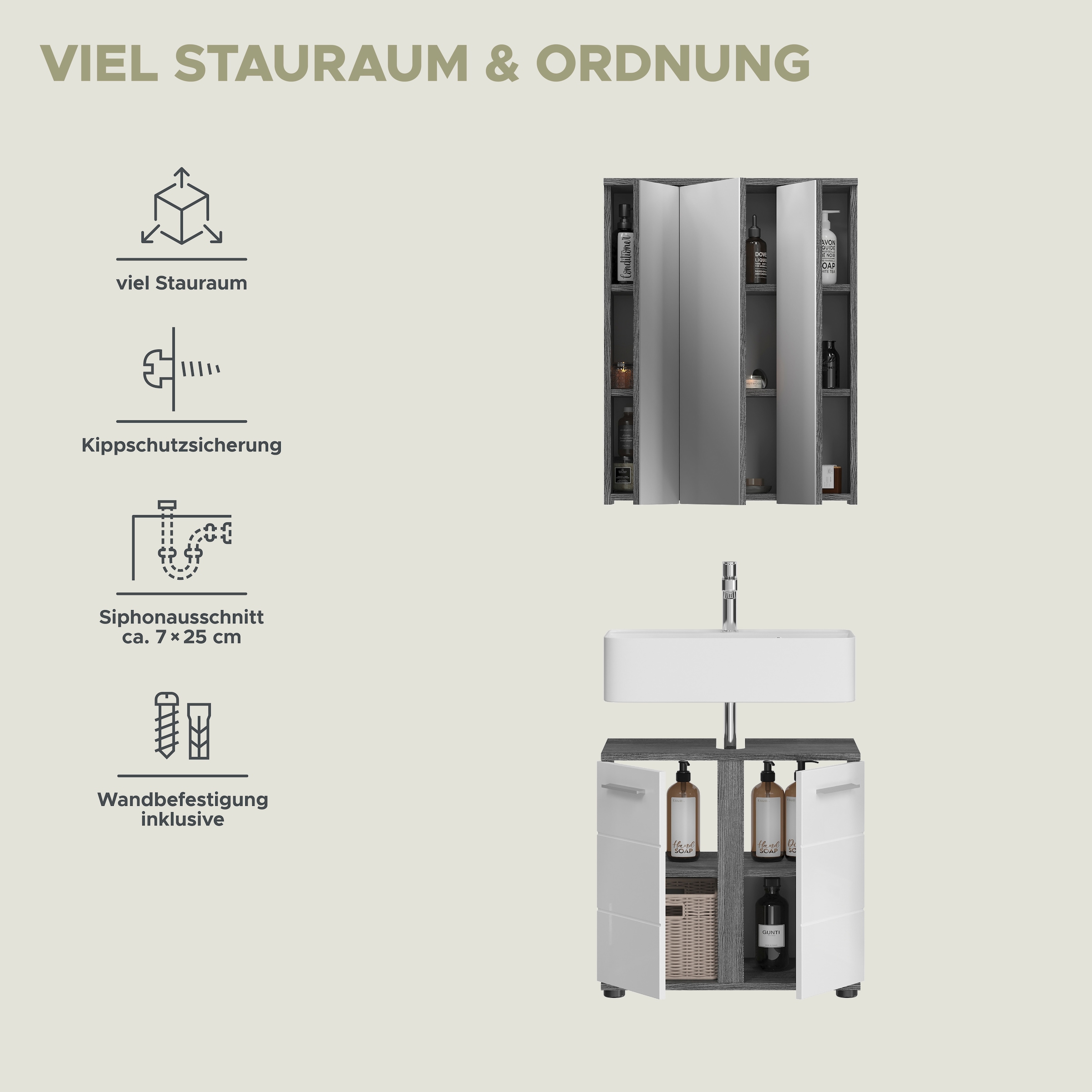 welltime Badmöbel-Set »LUCCA, 2- teilig, TOPSELLER!, Waschbeckenunterschrank, Spiegelschrank«, (Set, 2 St., bestehend aus: 1x Waschbeckenunterschrank & 1x Spiegelschrank), hochwertige MDF Front, Badmöbel, Kombination, Kombi, Badezimmer