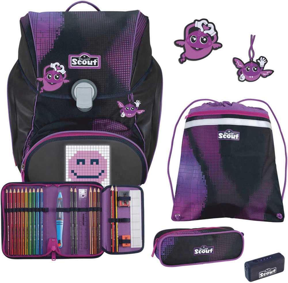 Scout Schulranzen »Alpha Movie Star, mit LED-Display, Pink Pixel«, Retroreflektierende Flächen-LED-Display-Reflektoren, mit Powerbank, enthält recyceltes Material
