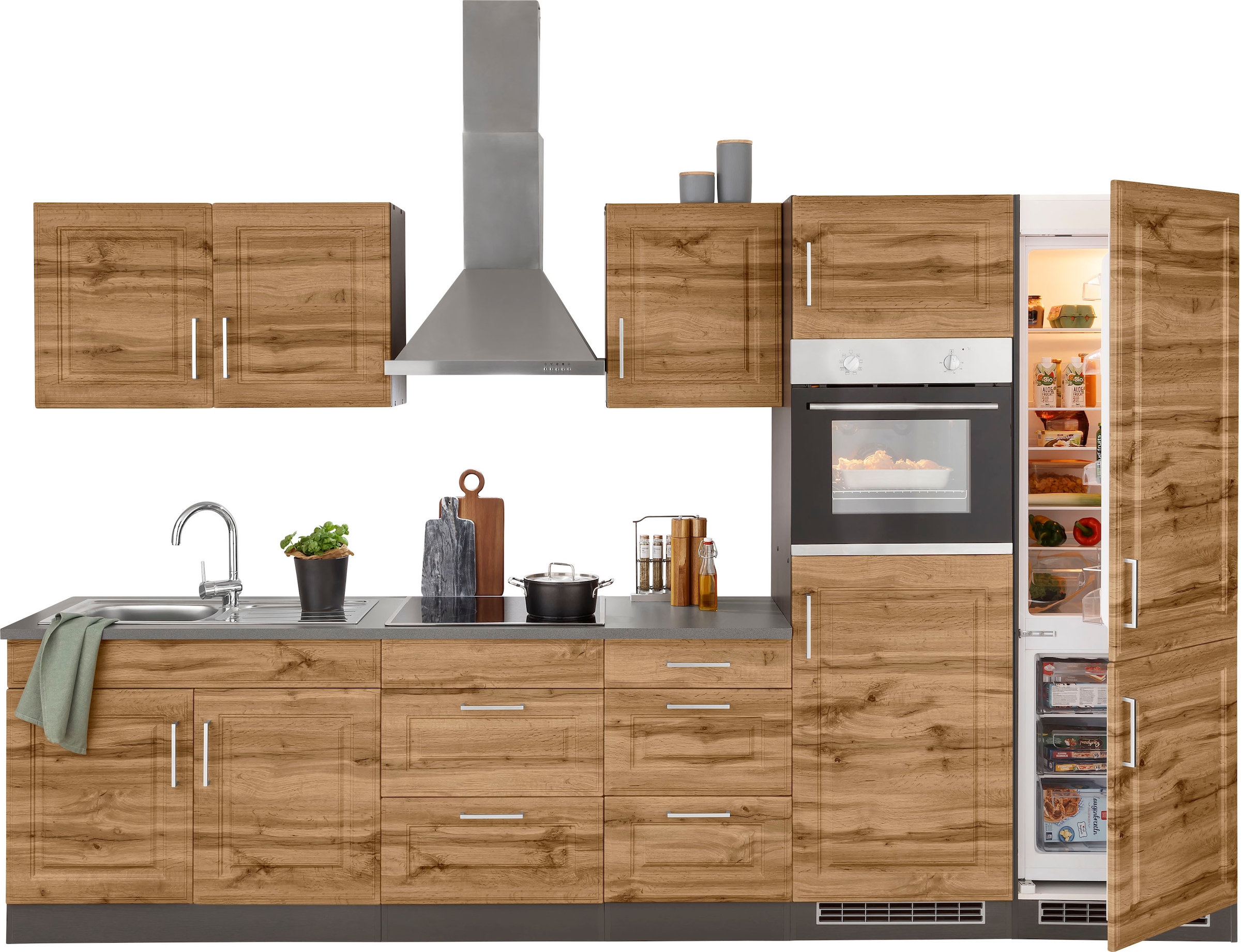 KOCHSTATION Küchenzeile »KS-Stockholm«, Breite 330 cm, mit hochwertigen MDF Fronten im Landhaus-Stil